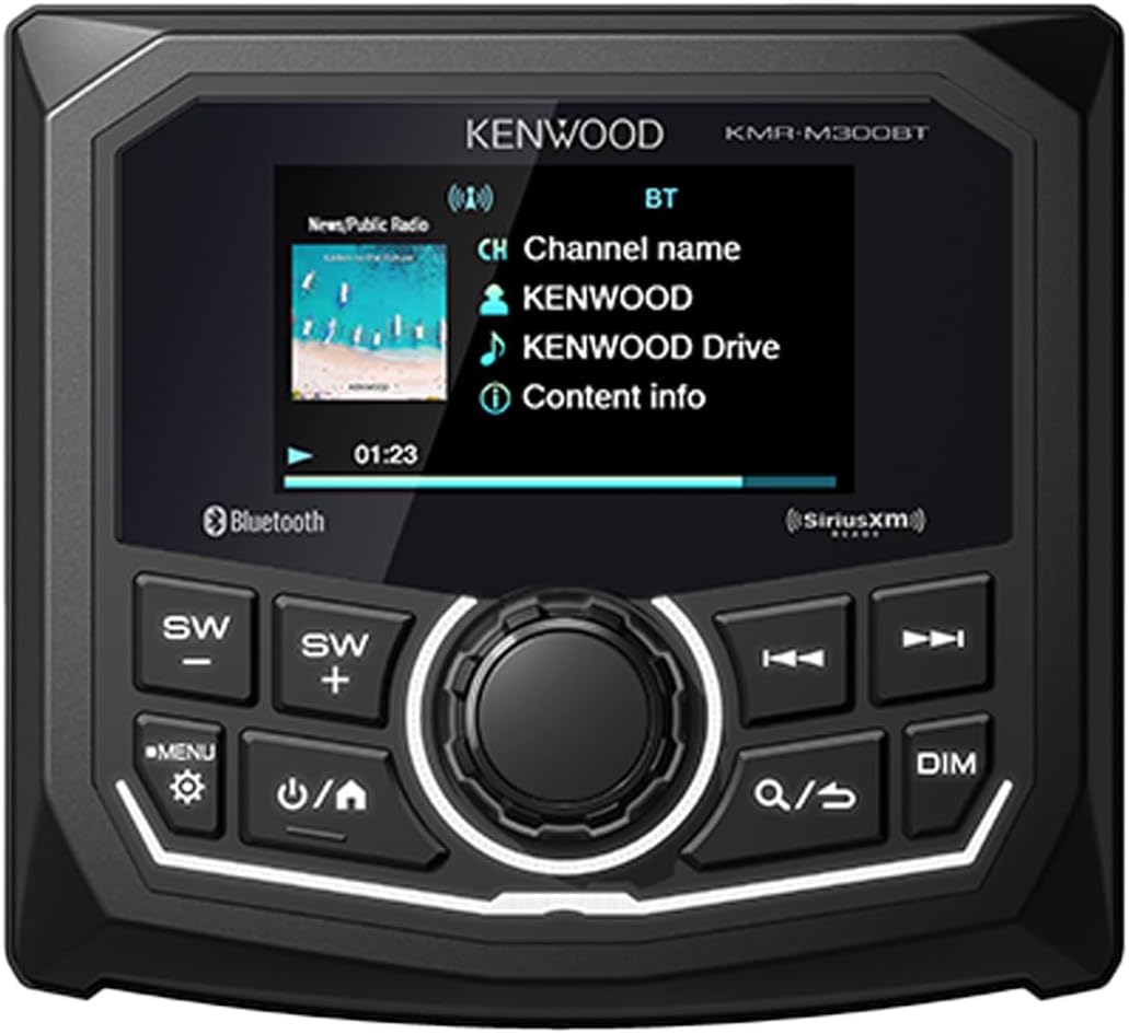 KENWOOD KMR-M300BT Marine Guage Receiver Weatherproof, 2.7 Inch LCD, Built in Amplifer, Bluetooth, Digital Media MP3 Player, No CD Player, USB Port, AM/FM/Weather Band Tuner, Rear Camera Input