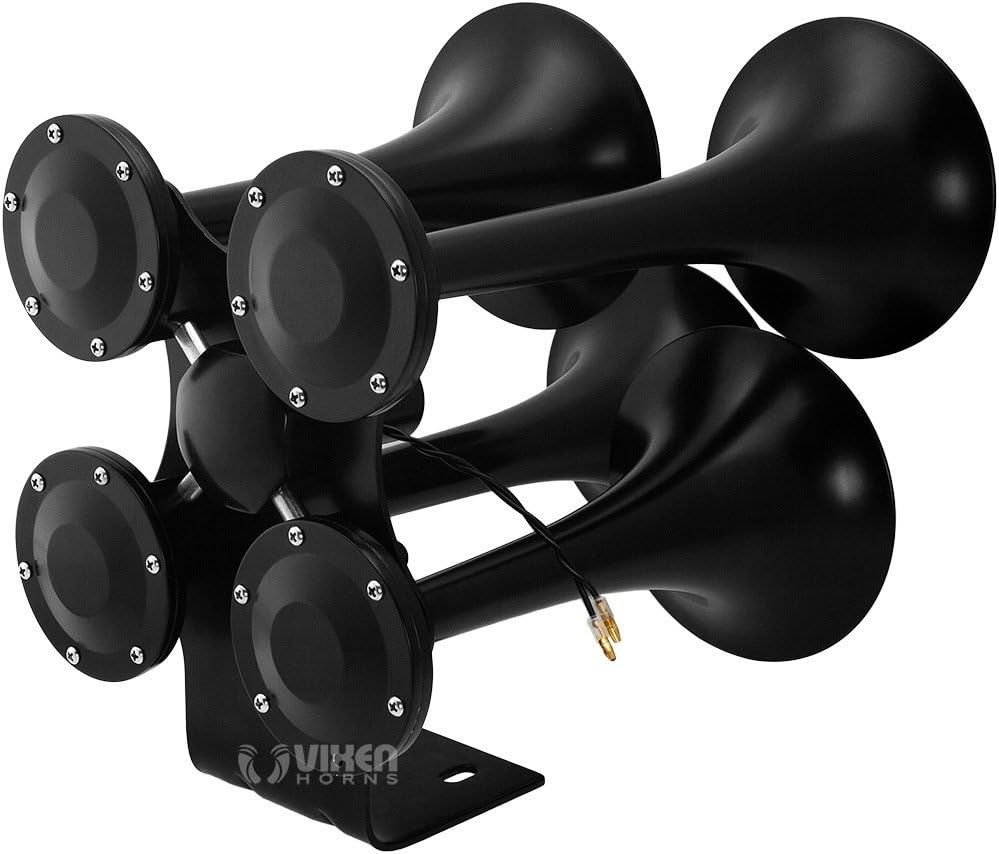 Vixen Horns Train Horn for Truck/Car. 4 Air Horn Black Heavy Duty Trumpets. Super Loud dB. Fits 12v Vehicles like Semi/Pickup/Jeep/RV/SUV VXH4318B