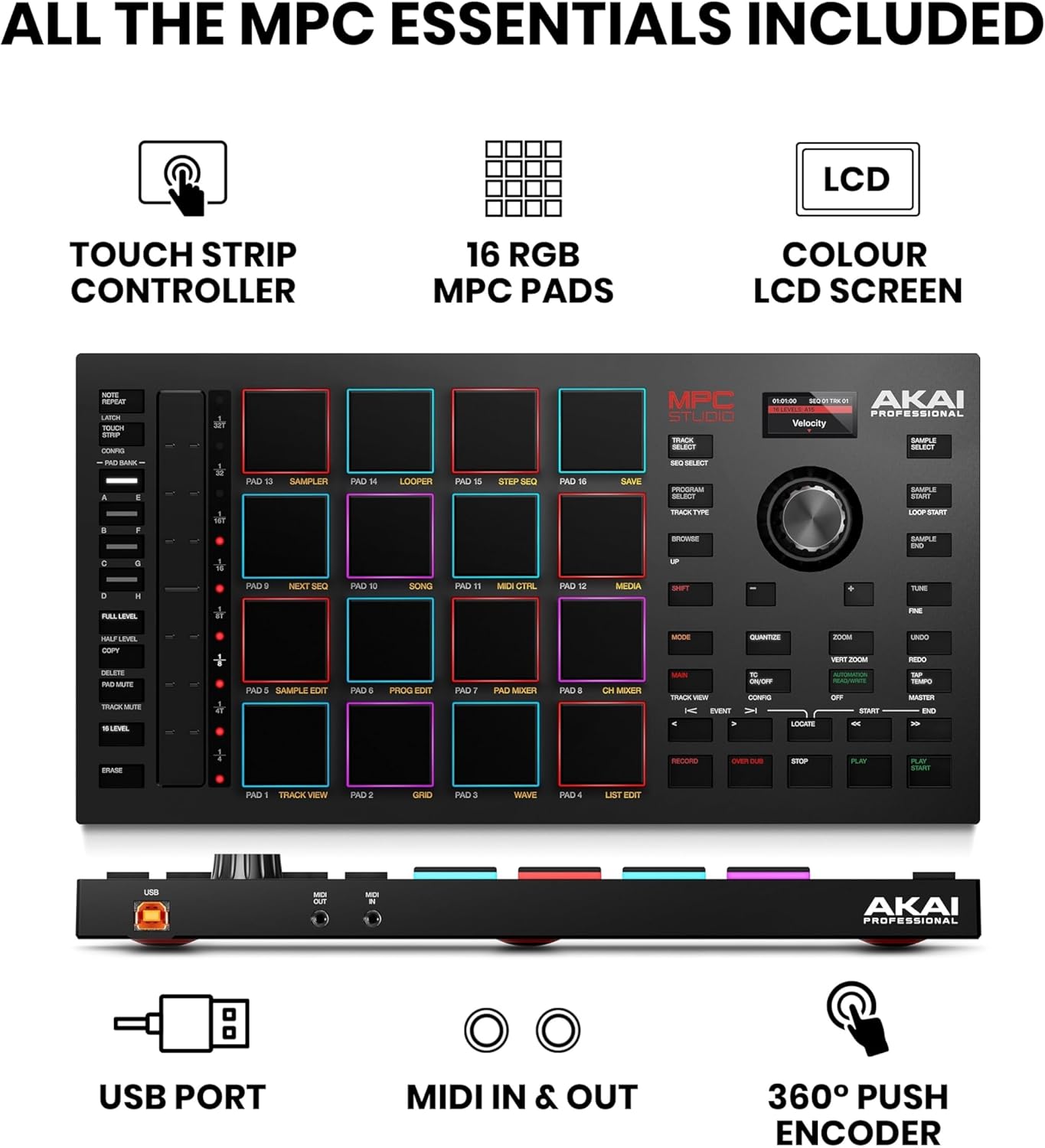Akai Professional MPC Studio MIDI Controller Beat Maker with 16 Velocity Sensitive RGB Pads, MPC Software, Assignable Touch Strip and LCD Display