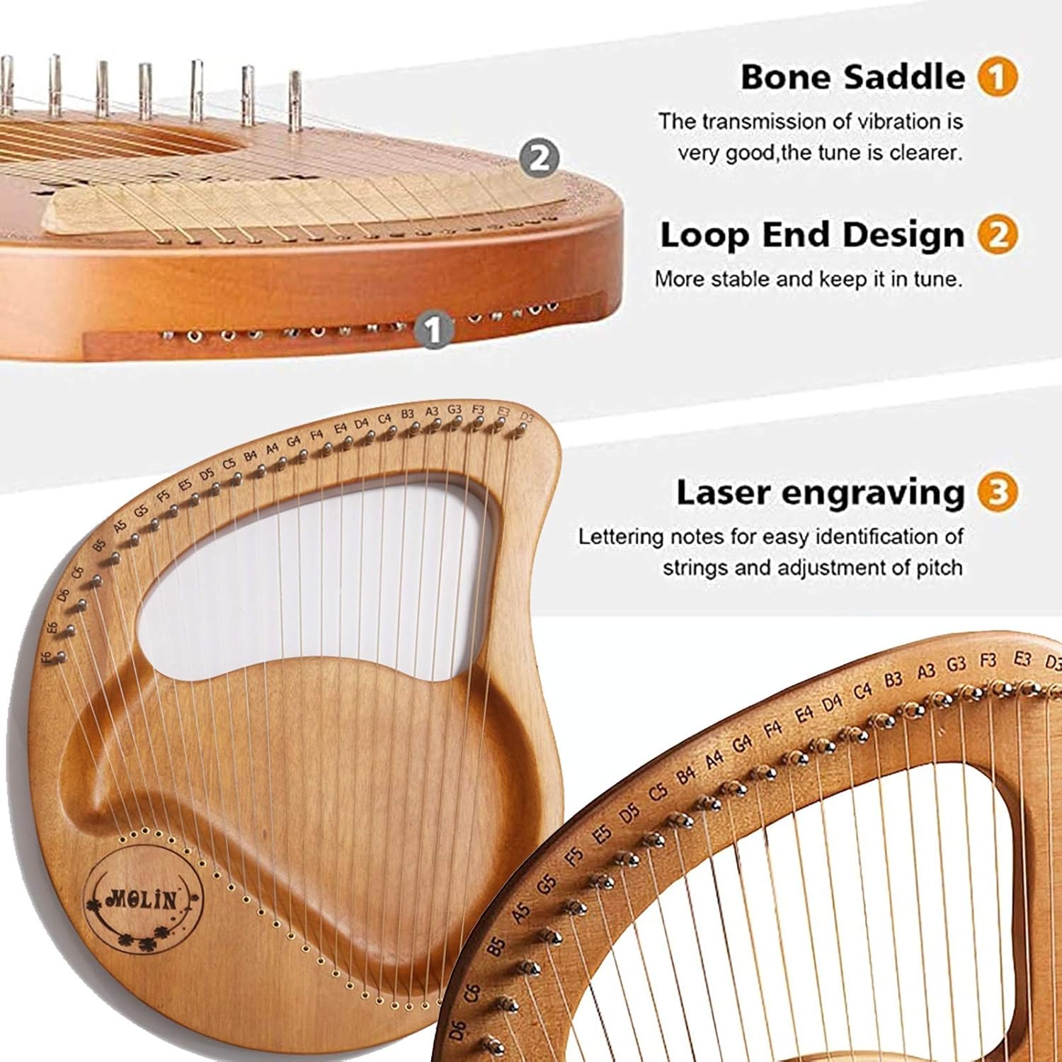 Lyre Harp 24 String Bone Saddle Lye Harp,Mahogany String Instrument with Tuning Wrench and Gig Bag for Music Lovers Beginners Children Adults Kids (Color : A)