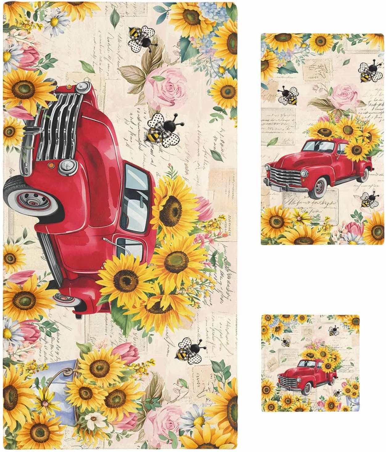 Spring Yellow Sunflowers Bath Towels Set of 3 for Bathroom,Soft Absorbent Shower Beach Hand Face Hair Yoga Workout Gym Towel Dish Wahcloth,Farm Floral Car Pastoral Quick Dry Kitchen Bath Towels+Set