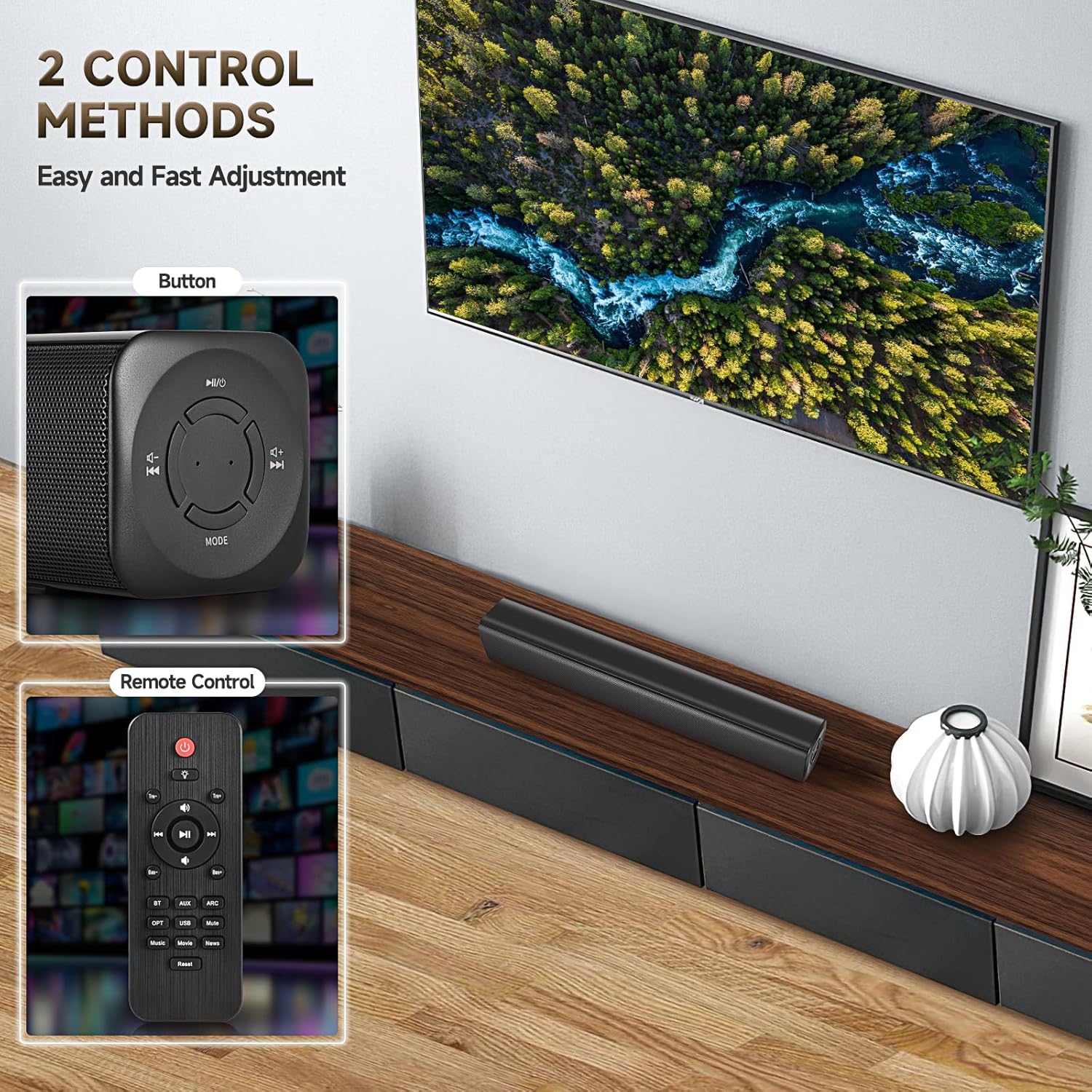 Sound Bar Speakers Bluetooth Wireless, TV Speakers Sound Bar Subwoofer, Home Theater Surround Sound Bar HDMI(ARC) Optical AUX USB 2.1ch Home Audio Sound System TV PC Wall Mount, Black