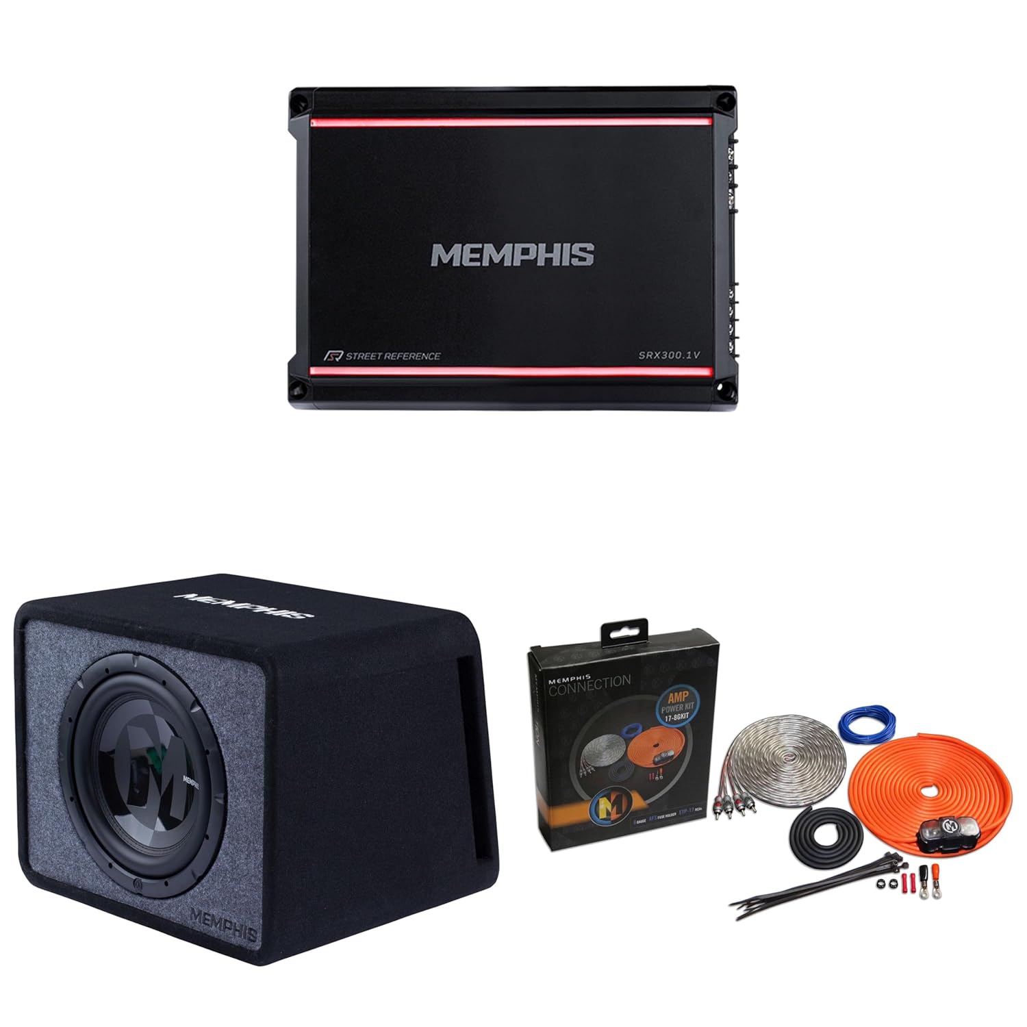 Memphis PRXE12S2 Single 12” Power Reference Series Loaded Enclosure with SRX300.1V Street Reference Series Mono Subwoofer Amplifier and Amp Wiring Kit