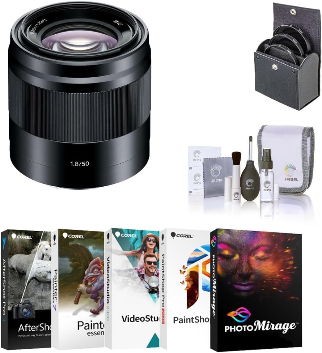 Sony E 50mm f/1.8 OSS Lens for Sony E, Black, Bundle with 49mm Filter Kit, Cleaning Kit, PC Software Kit
