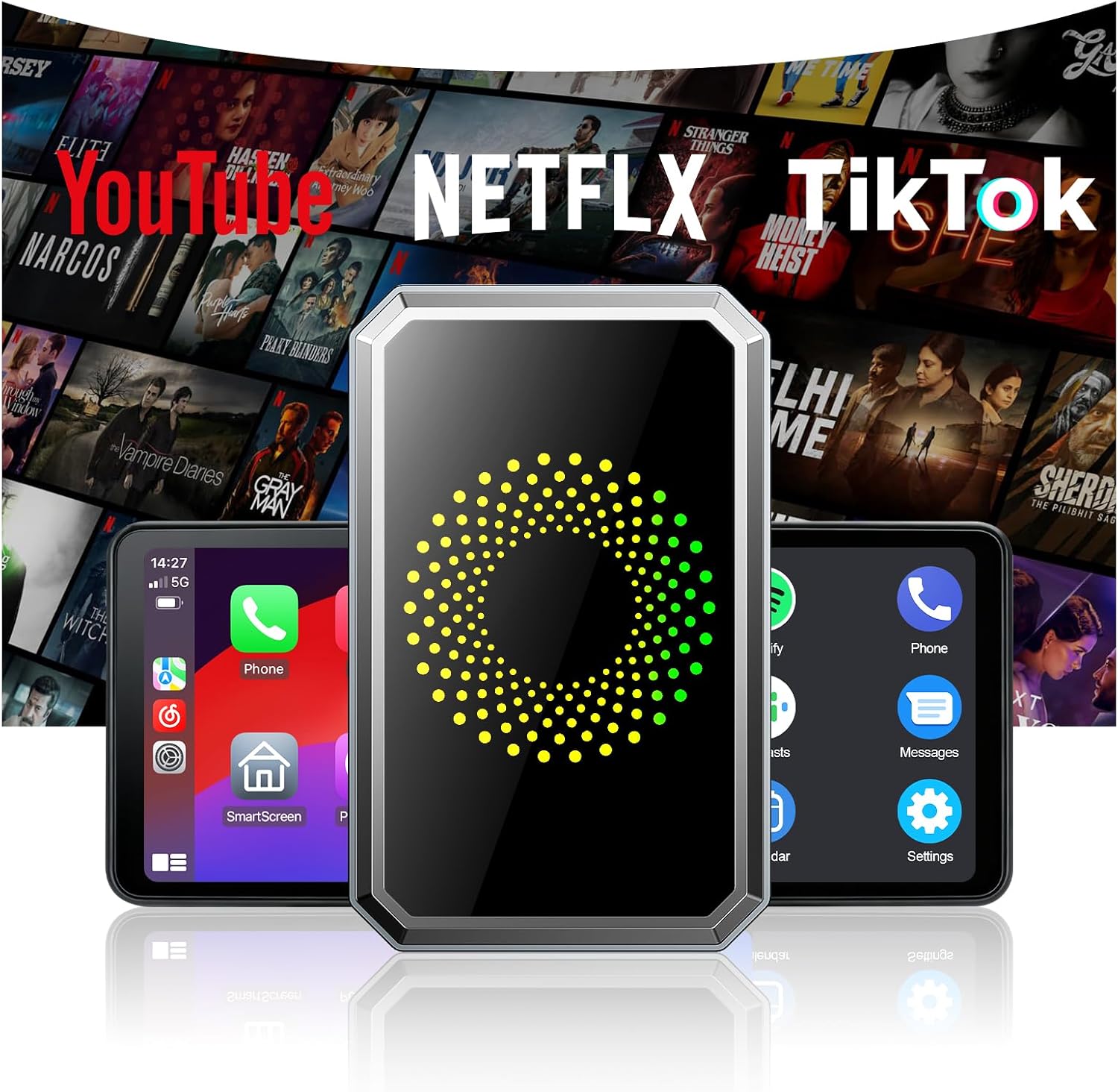 TOGUARDGO 3-in-1 Wireless Carplay Adapter Magic AI Box with Net-Flix YouTube TikTok Upgrade Wired Car Play to Wireless Support USB Drive for iPhone 10+ and Android 13+