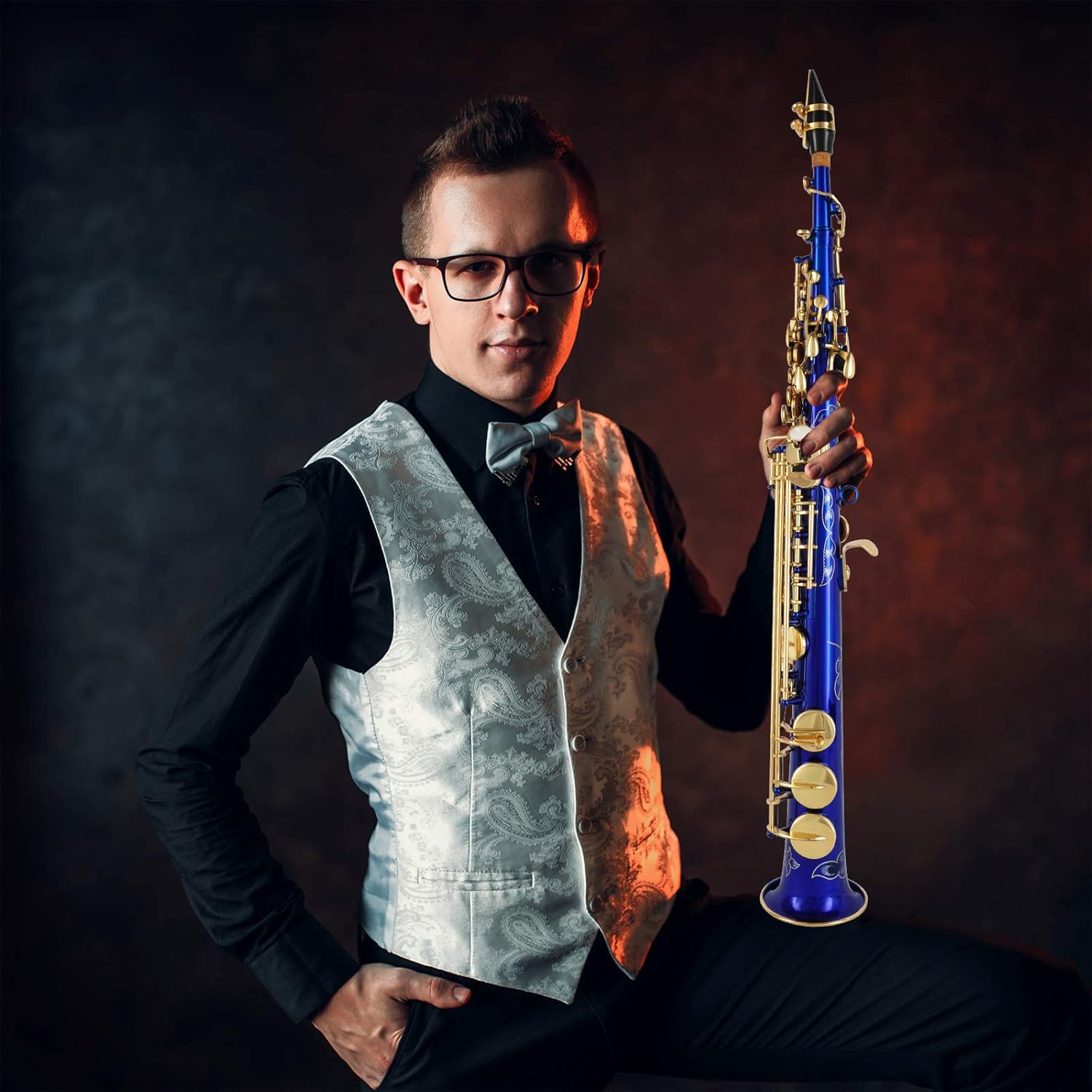 EASTROCK Bb Soprano Saxophone Straight Blue Sax Instruments for Beginners Intermediate Players with Carrying Case,Mouthpiece,Pads,Reed,Cleaning kit,Neck Strap,White Gloves