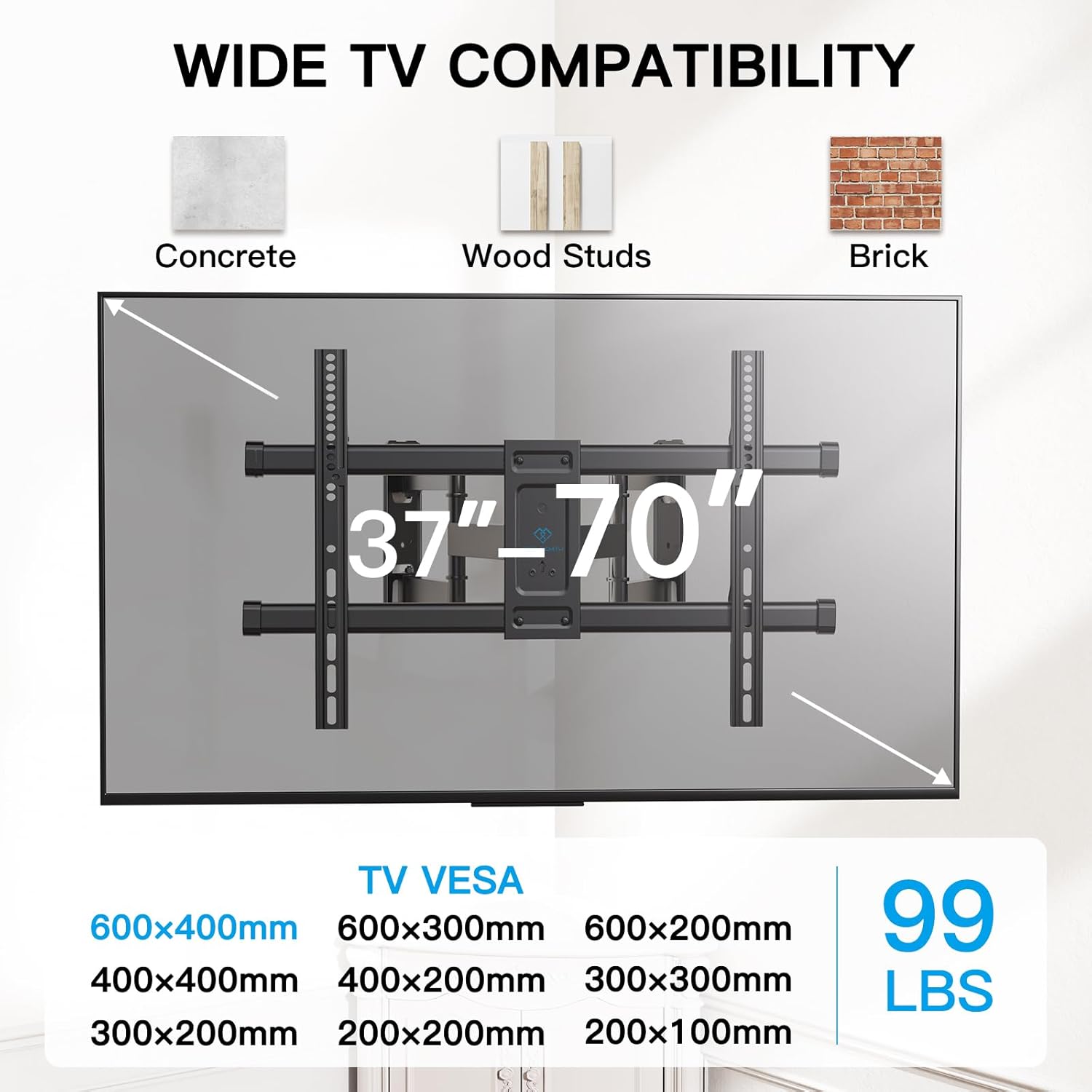 PERLESMITH Corner TV Wall Mount Full Motion, Corner TV Bracket Fits 37-70 Inch LED, LCD 4K Flat Curved Screen TVs Hold up to 99 lbs, Max VESA 600x400 Tilt, Swivel and Level, PSCLF1