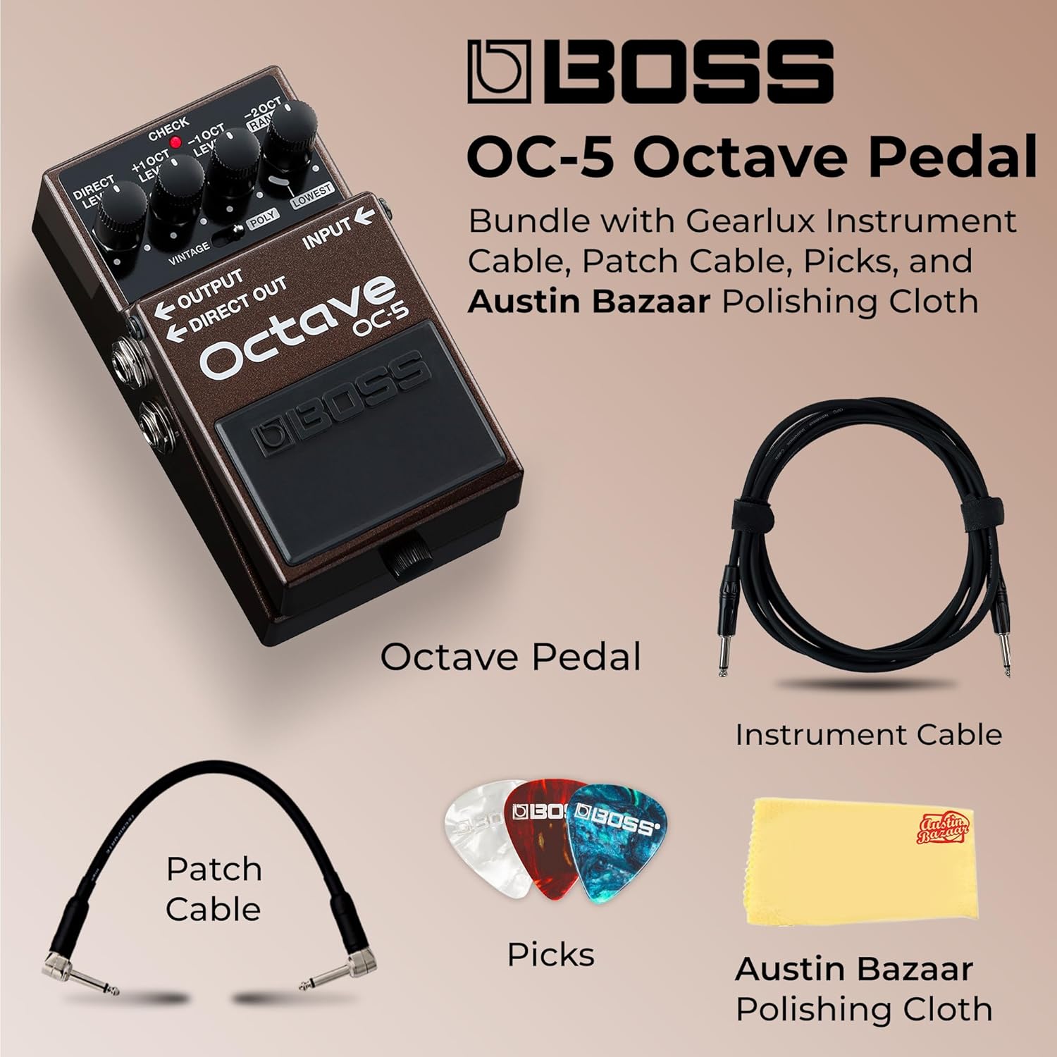 Boss OC-5 Octave Pedal Bundle with Gearlux Instrument Cable, Patch Cable, Picks, and Austin Bazaar Polishing Cloth