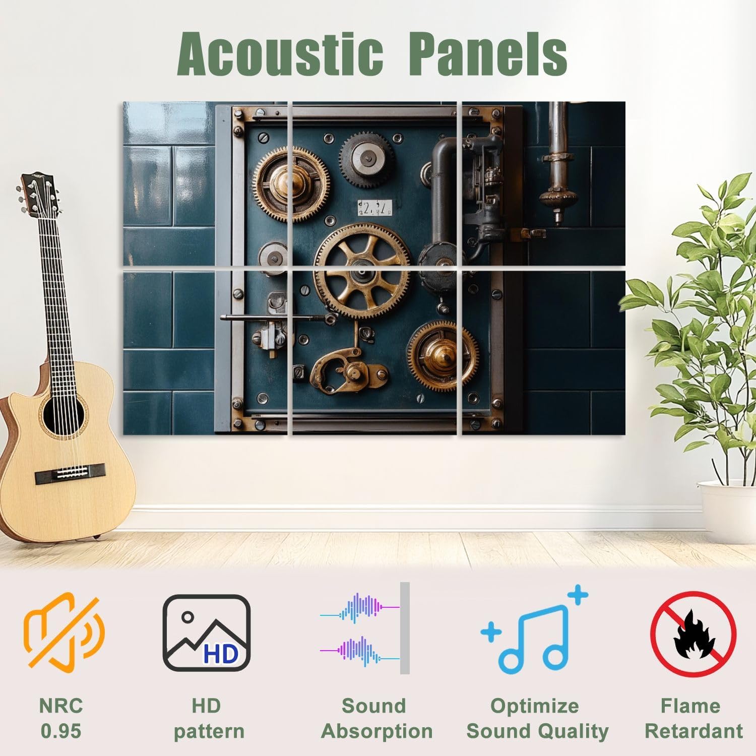6 Pack Art Acoustic Panels Sound Absorbing Industrial Machine Old Factory Gears Mechanical Components Textures Decorative Soundproof Wall Panels Self Adhesive for Recording Studios Office 72
