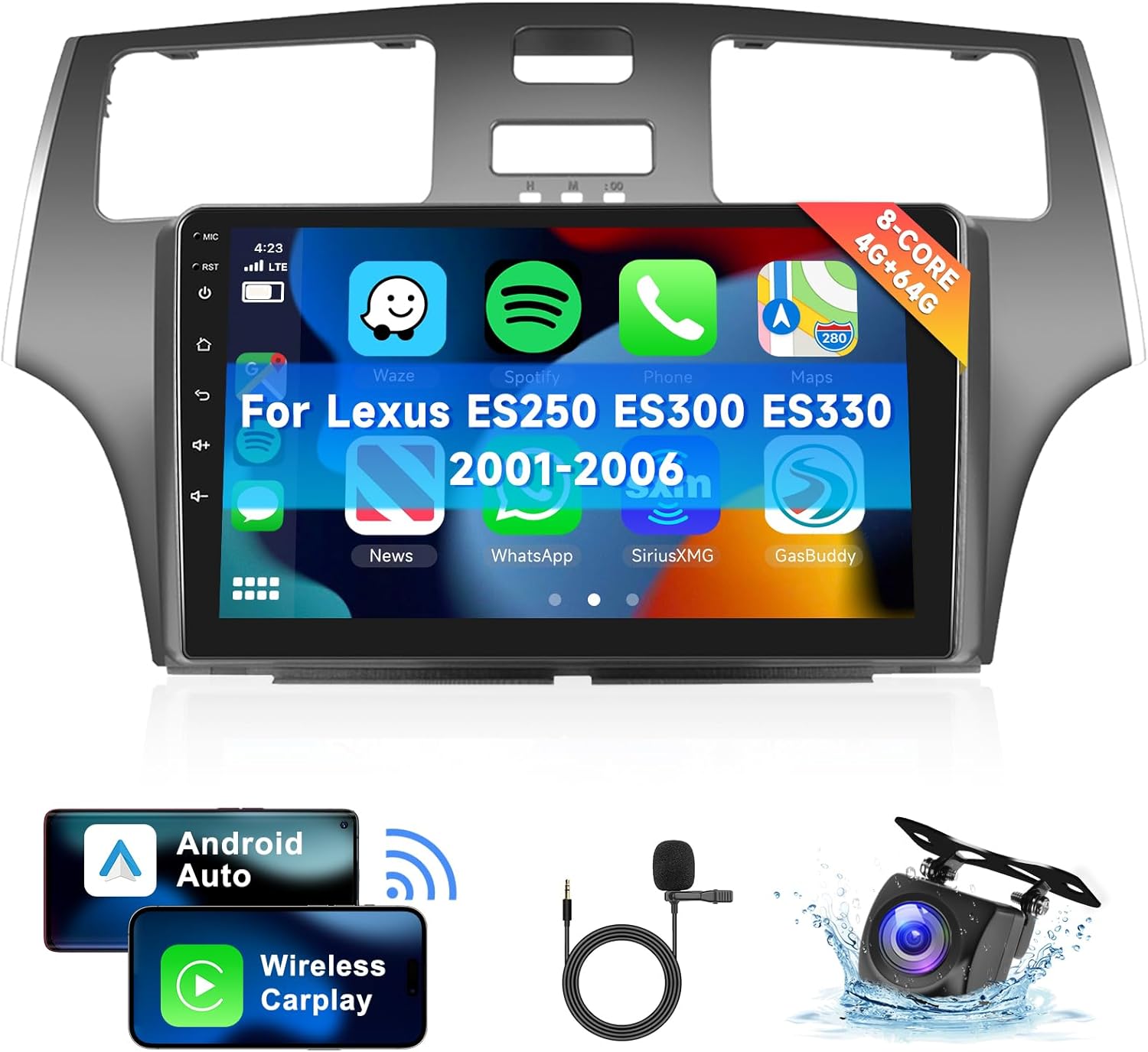 [8 CORE 4G+64G] Car Radio for Lexus ES250 ES300 ES330 2001-2006 with Wireless Carplay/Android Auto, 9 Inch Android 13 IPS Touch Screen Car Stereo, Bluetooth, GPS, WiFi, SWC, DSP + HD Backup Camera