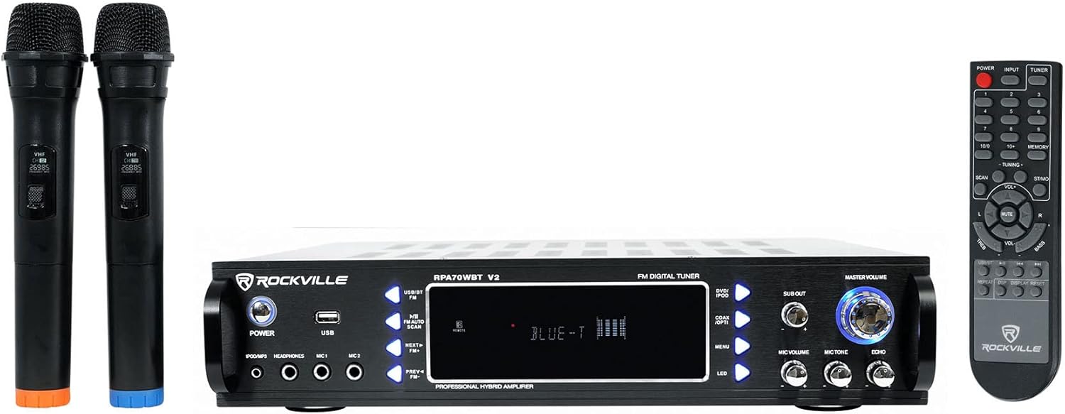 Rockville Bundle: (2) Rockville SPGN124 Speaker Cabinet Bundle with RBG12S Powered Subwoofer, (2) Tripod Speaker Stands, RPA70WBT V2 USB Karaoke Amp, (2) Banana Speaker Cable+RCA Cable (9 Items)