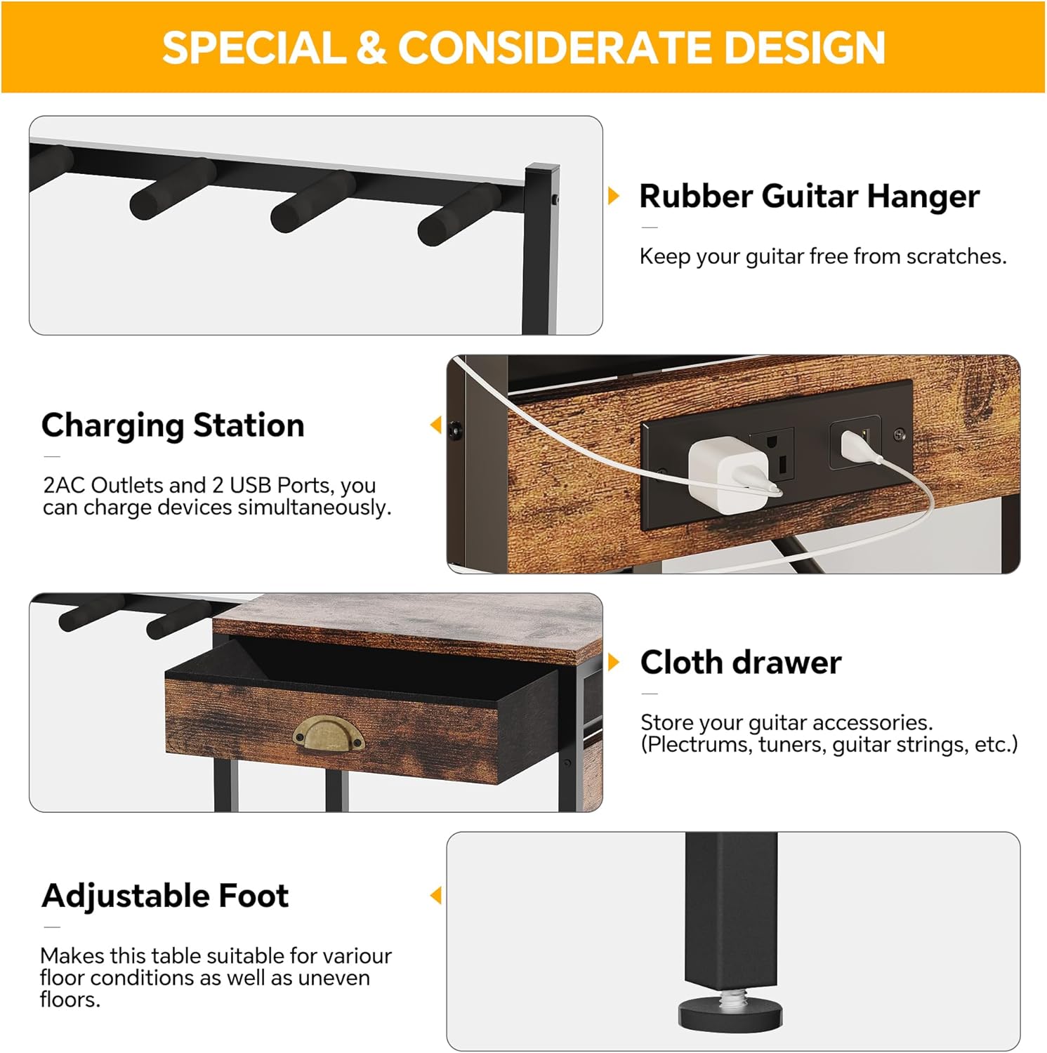 Homeiju 6-Guitar Floor Stand with Charging Station & 3-Tier Storage, Guitar Rack with Amp Stand & Cloth Drawer, Rubber Protected Guitar Holder for Studio/Home , Heavy Duty Metal Frame​