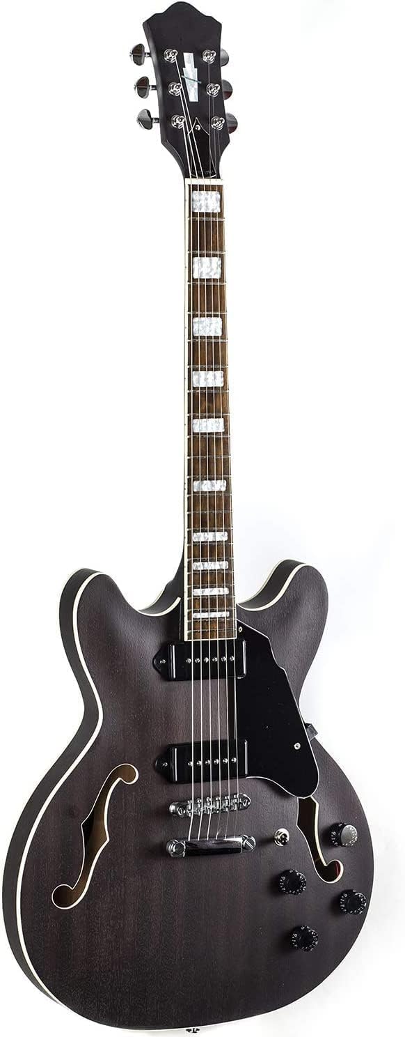 Semi-hollow Body Jazz Electric Guitar, 335 Style Matte Electric Guitar with Flame Maple top, Rosewood Fretboard, P90 Pickups (Grey)