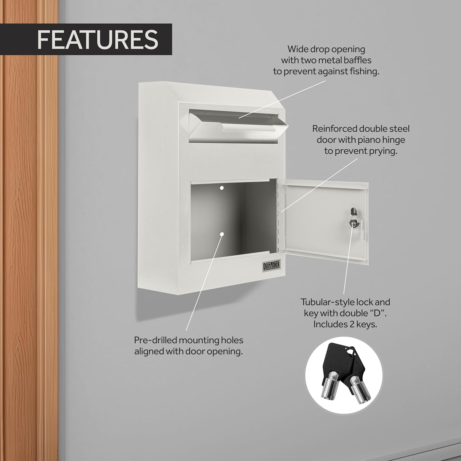 Durabox Drop Box Deposit Safe 12 x 4 x 15” Heavy Duty Steel Wall Mount Mailbox for Mail, Letters, Checks, Keys, Cash and more for Home, Office & Commercial Use (W500) (Gray)