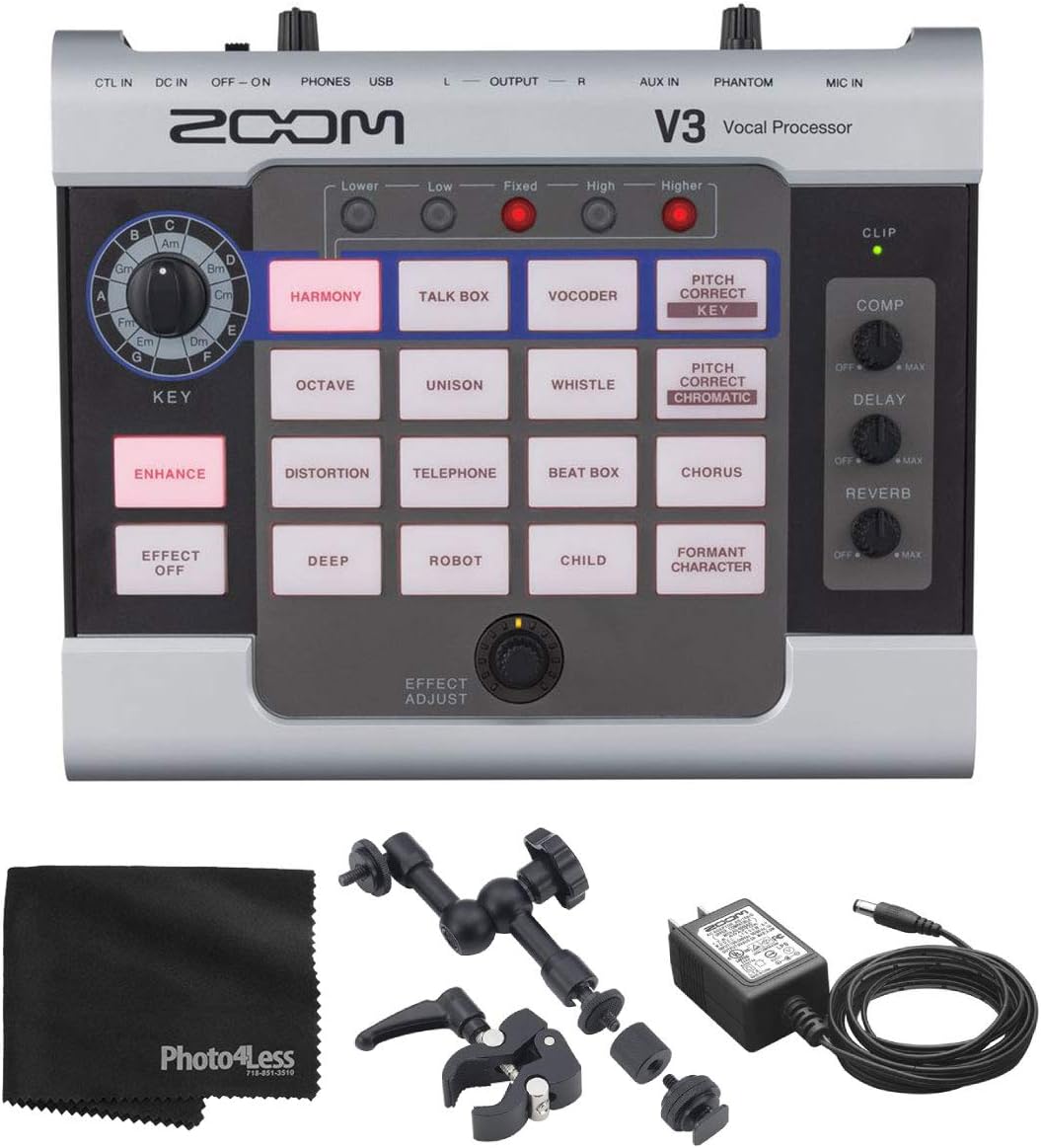 Zoom V3 Vocal Effects Processor For Streaming and Recording + Zoom Handy Recorder Mount + AC Adapter + Cleaning Cloth - Deluxe Bundle