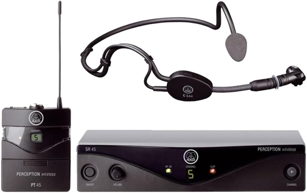 AKG Pro Audio Perception Wireless Microphone System with SR45 Stationary Receiver, PT45 Pocket Transmitter, and C544L Headworn Microphone- Sports Set (3248X00010)