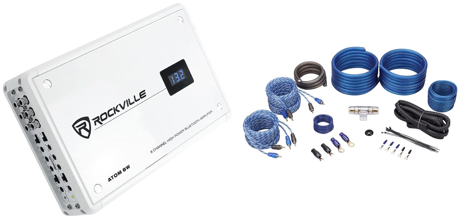 Rockville Atom 8W Bundle: 3500W Peak/880W RMS 8-Channel Weather Proof Bluetooth Car Amplifier, RWK42 4 Gauge 4-Channel Car Amp Wiring Installation Kit, (2) RCA Cables, 2-Items