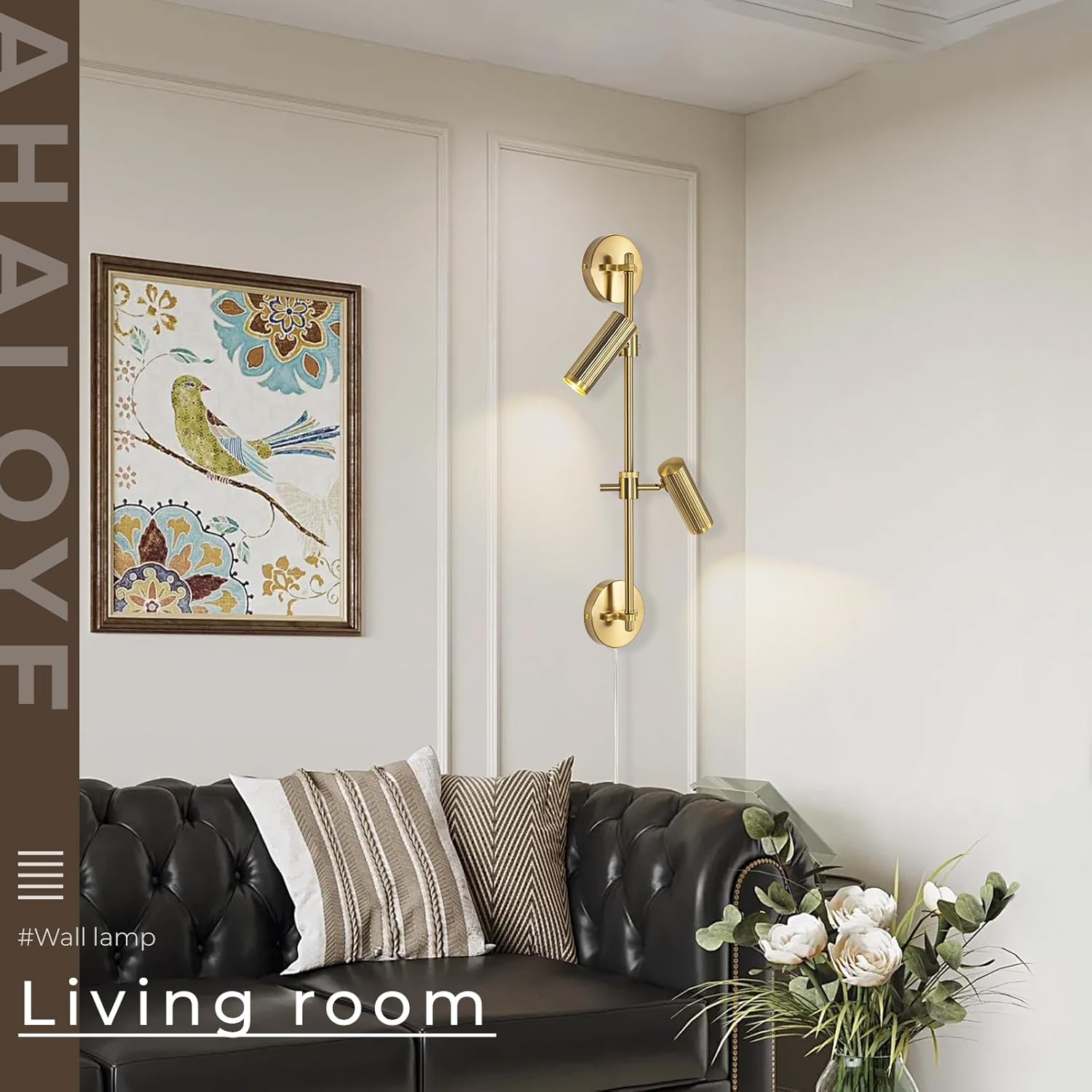 Gold Plug in Wall Sconces, 3 Lights Wall Mount Lamp with Rotatable Shade 3000K Warm White Wall Light for Bedroom Living Room Picture Light (Bulb Included)