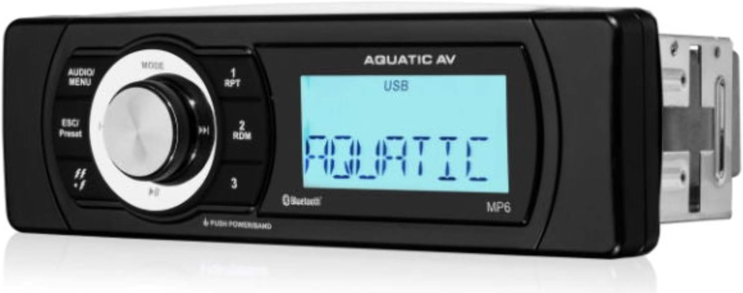 Aquatic AV Model MP6 Shallow Mount Bluetooth and USB Waterproof Spa Stereo, Built-in 288W Amplifier, Supports Up To 8 Speakers, Rotary Knob Control; Supports Bluetooth, USB, MP3, DAB+, AM/FM, Aux