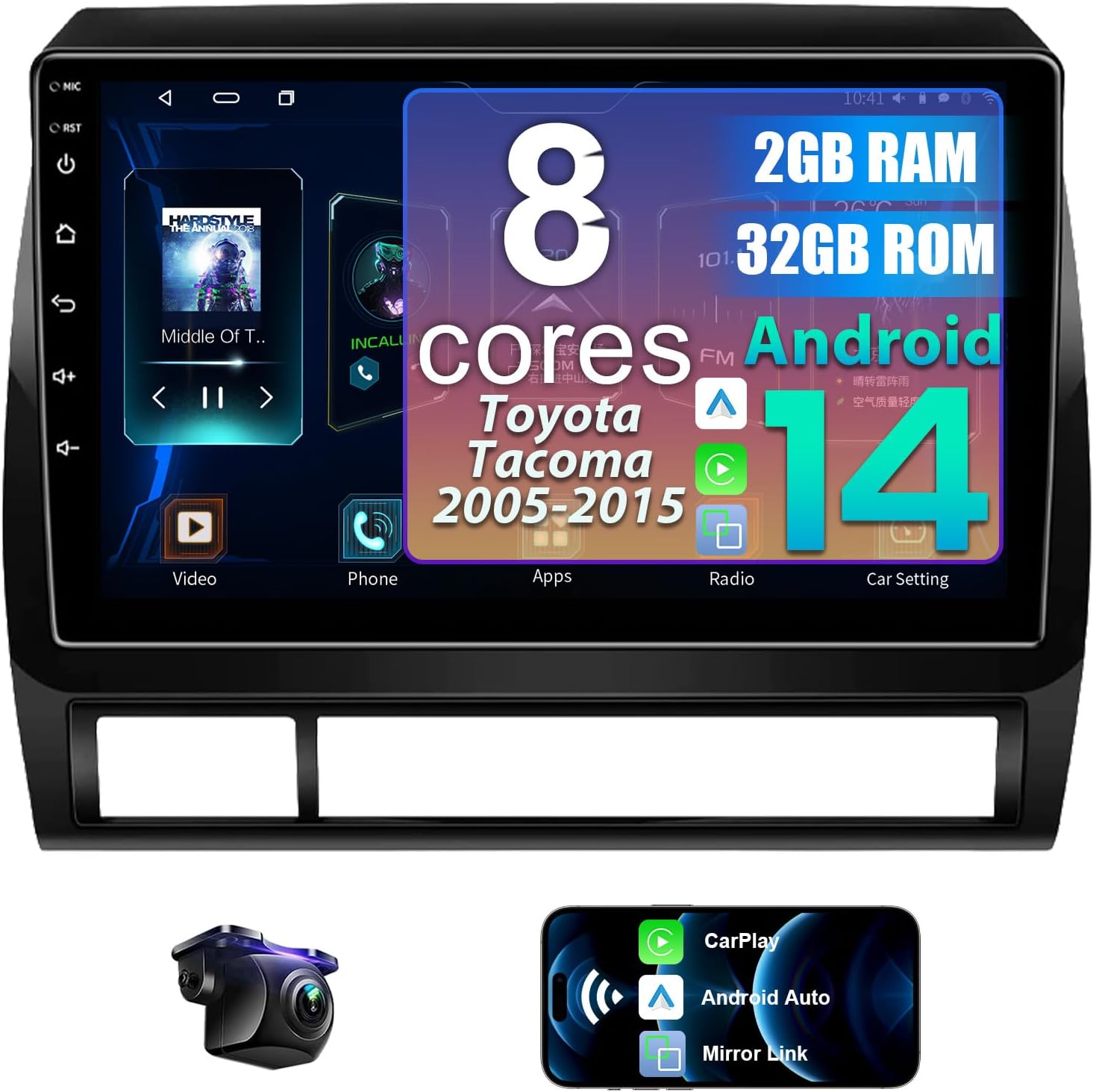 8 Core 2+32G Car Radio for Toyota Tacoma 2005-2015 Built-in carplay Android Anto, 9 inch Car Stereo Upgrade, Android14/SWC/AM/FM/RDS/GPS Navigation/HD Backup Camera
