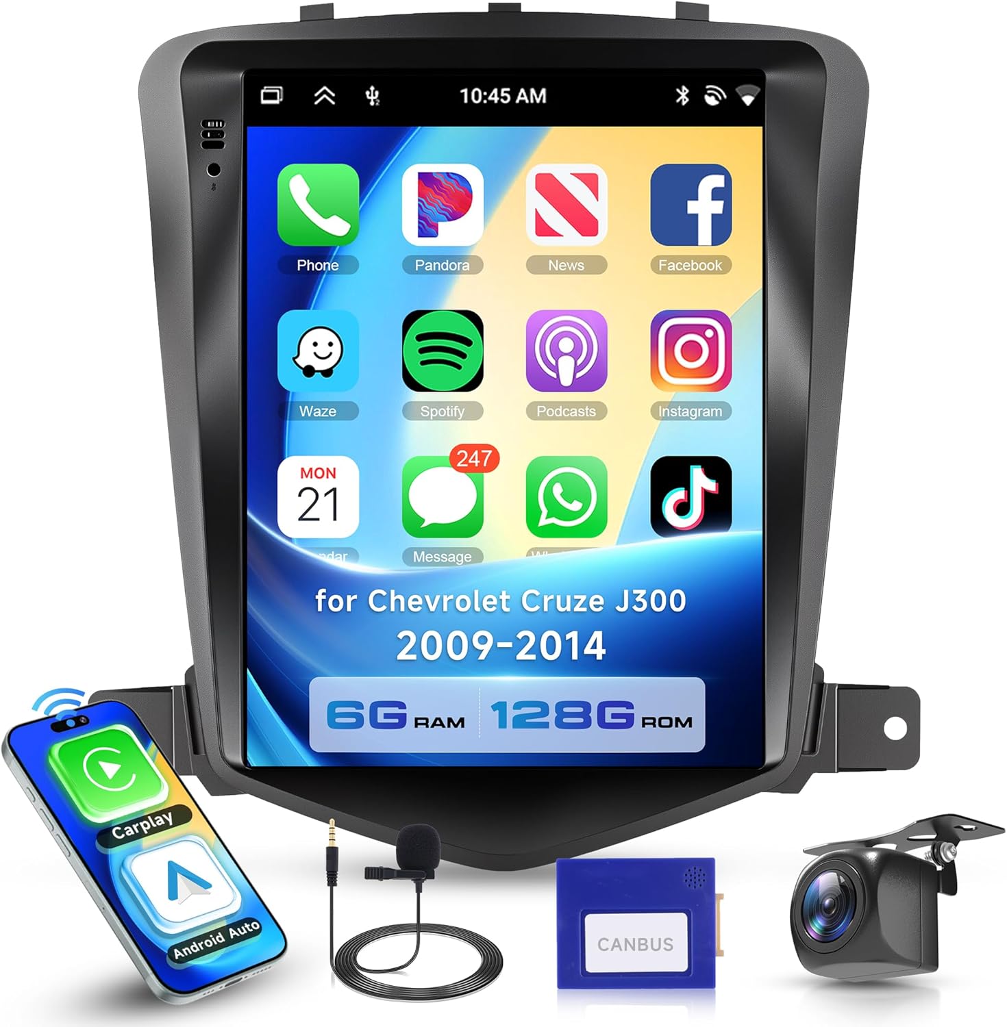 6G+128G Car Radio for Chevrolet Cruze J300 2009-2014 with Wireless CarPlay Android Auto, 9.7 Inch Touchscreen Android Car Stereo with GPS Navi WiFi Mirror Link SWC Bluetooth FM RDS DSP Backup Camera