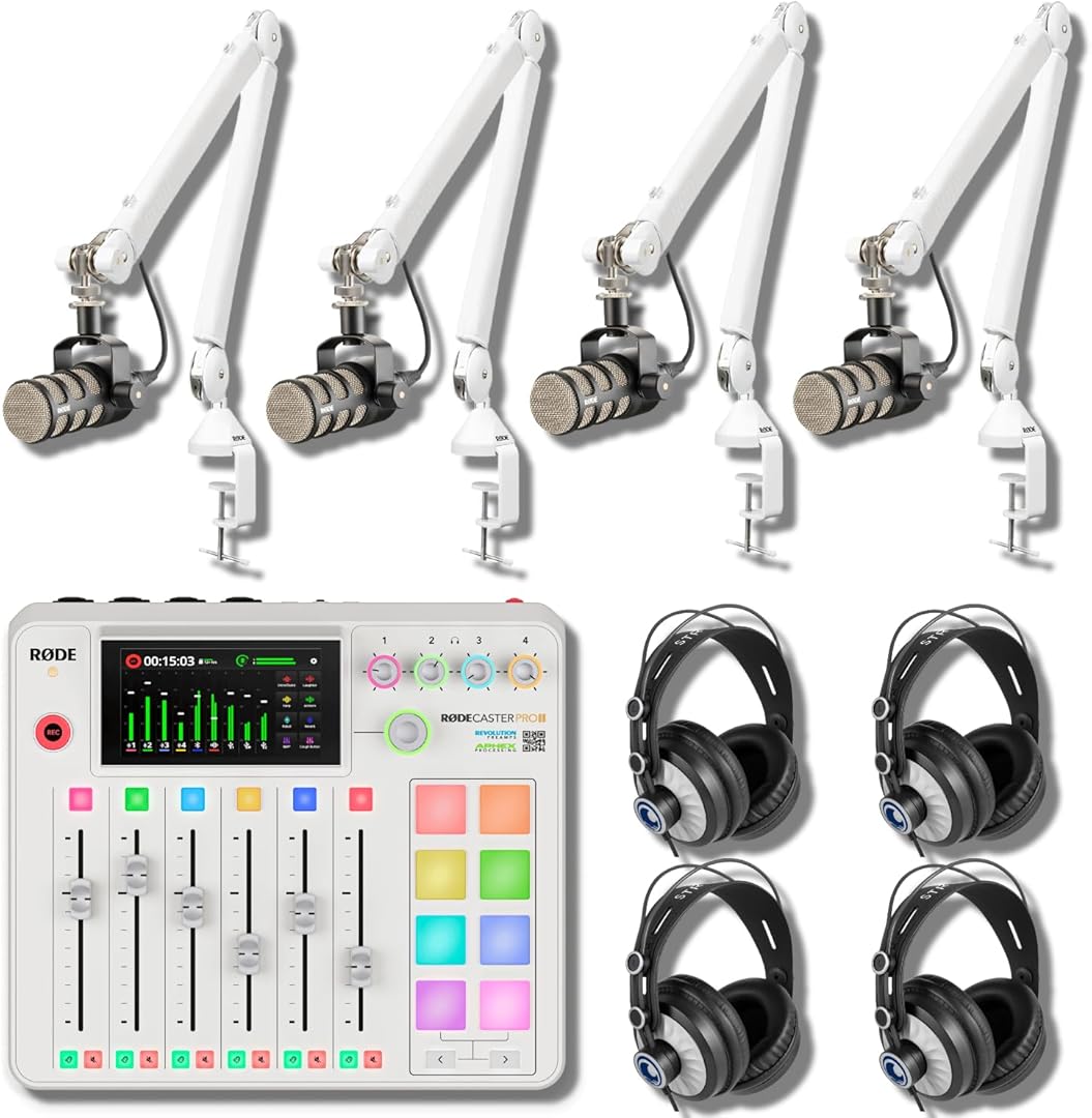 Rode RODECaster Pro II (White) Audio Production Console with 4x PodMic Microphones, PSA1+ Professional Boom Arms, Over-Ear Headphones, 32GB microSD Card & XLR Cables