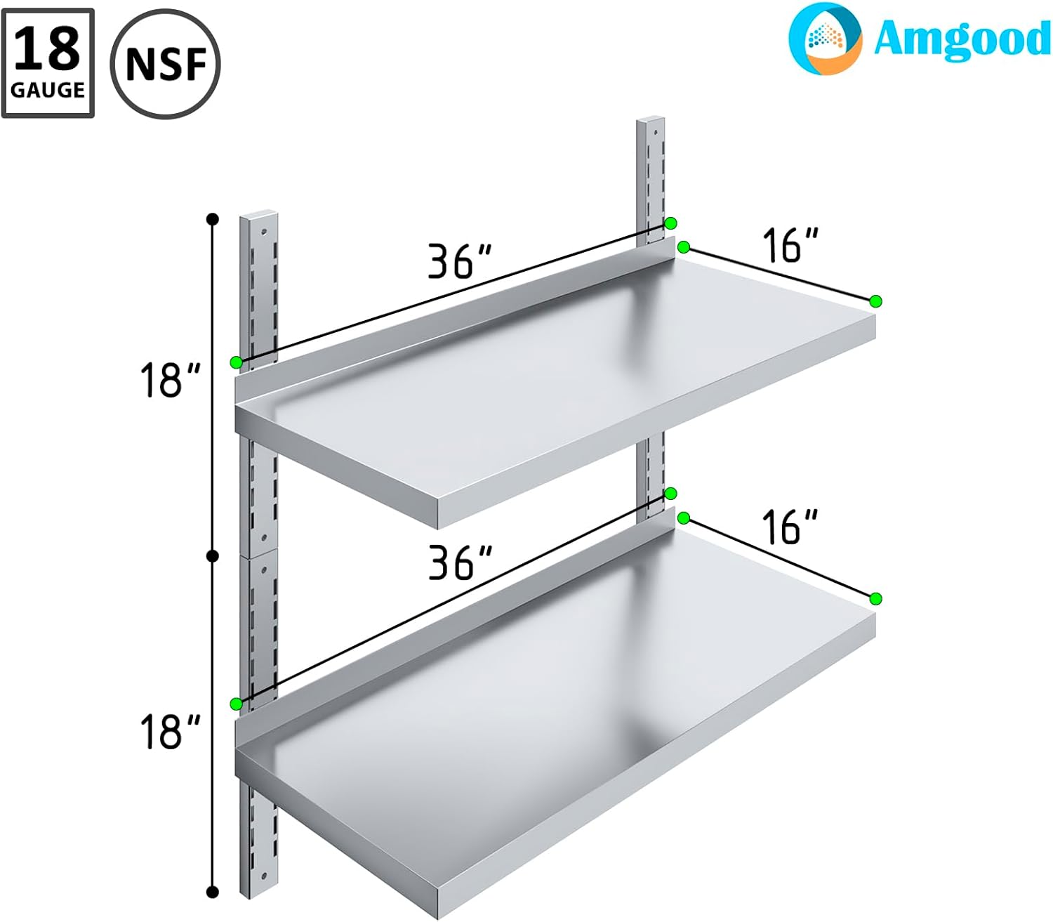 AmGood 16 in. x 36 in. Two-Tier Stainless Steel Wall Mount Shelf | Heavy-Duty Metal Shelving for Kitchen, Garage, Pantry, Closet, and More