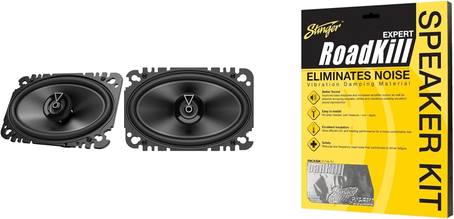 JBL CLUB-644F Club Series 4x6 Two-Way Car Audio Speakers, Pair with RKXSK Roadkill Speaker Sound Deadening Kit 2-Peice: 1.7sq-ft Total (10” x 12”)