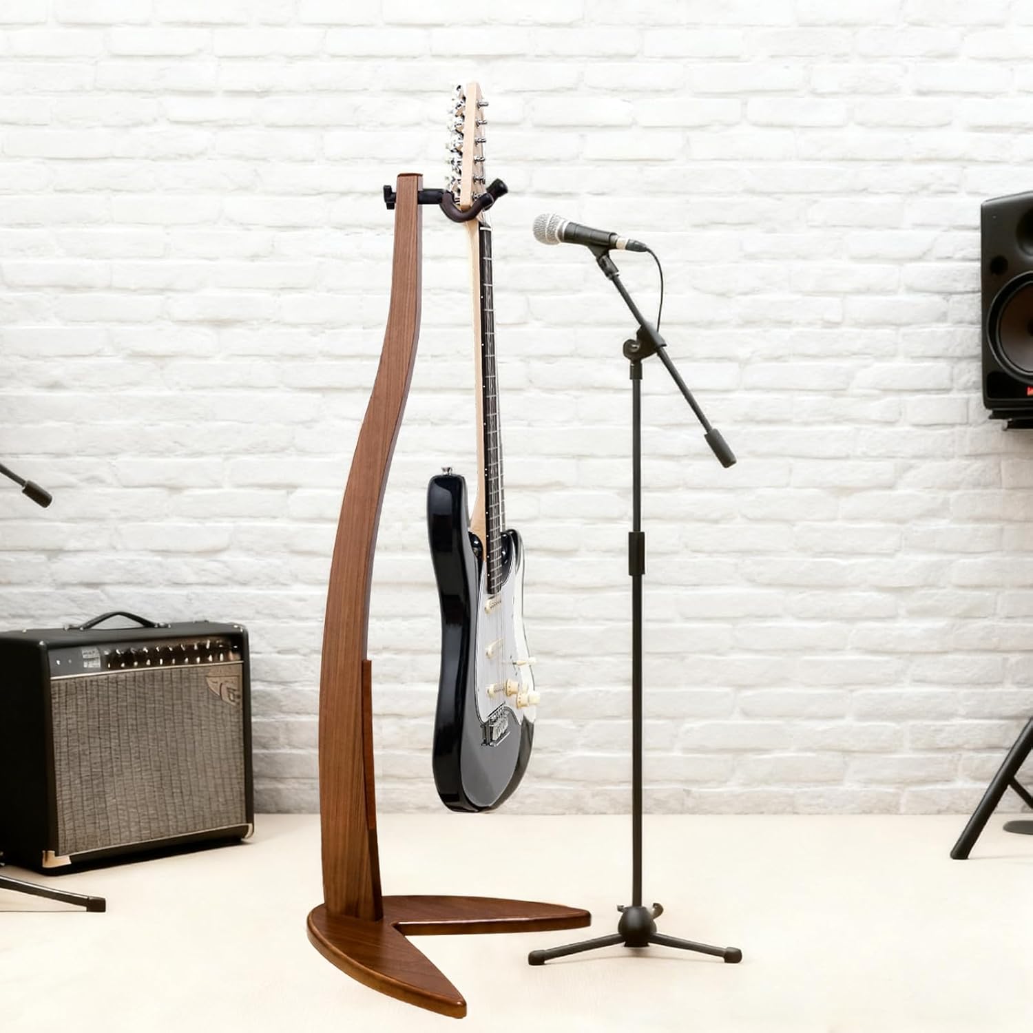 MUSO Guitar Bass Hanger Stand, Solid Wood Bow Holder Mermaid Shaped for Display and Storage, 42 inches Height Anti-scratched and Anti-bump, Deorate Studios, Living room and Stage (Black Walnut, 1)
