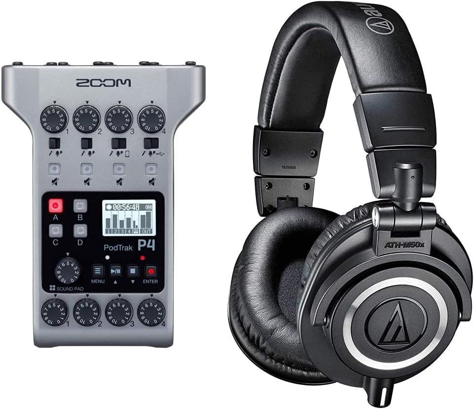Zoom PodTrak P4 Podcast Recorder, 4 Microphone Inputs, Sound Pads, 2-In/2-Out Audio Interface & Audio-Technica ATH-M50X Professional Studio Monitor Headphones, Black, Professional Grade