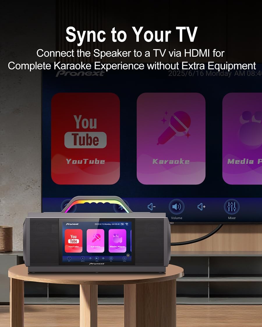 Pronext Karaoke Machine with Lyrics Display for Adults Kids, 200W Sound, 10 Inches Touch Screen, 2 Wireless Microphones, Portable Karaoke PA System, Connects to TV for Home, Party, or Backyard