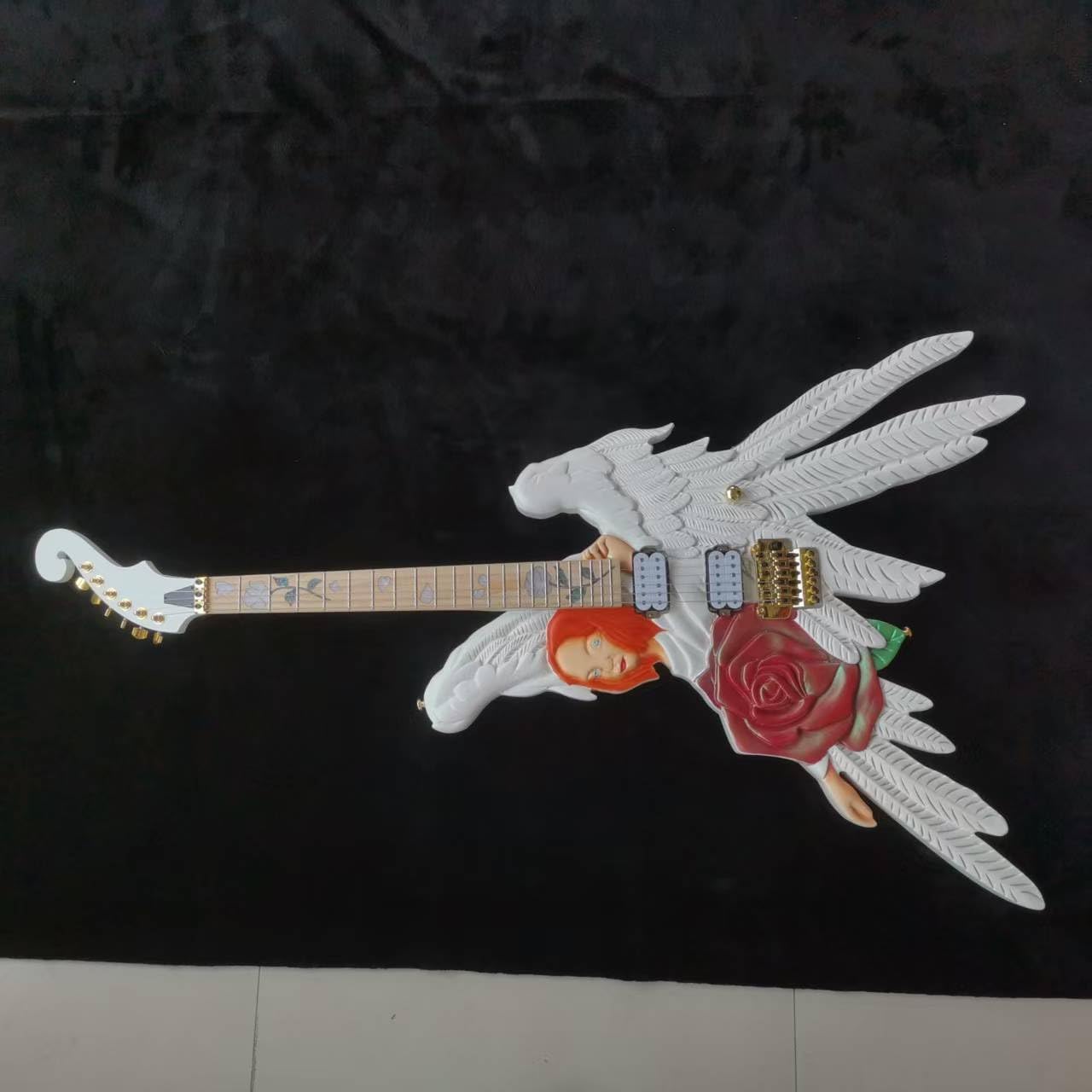Hand Made Electric Guitar Angel Rose Inlay Body Abalone Flower Inlay Fretboard Gold Tremolo Bridge Whammy Bar (rose angel)