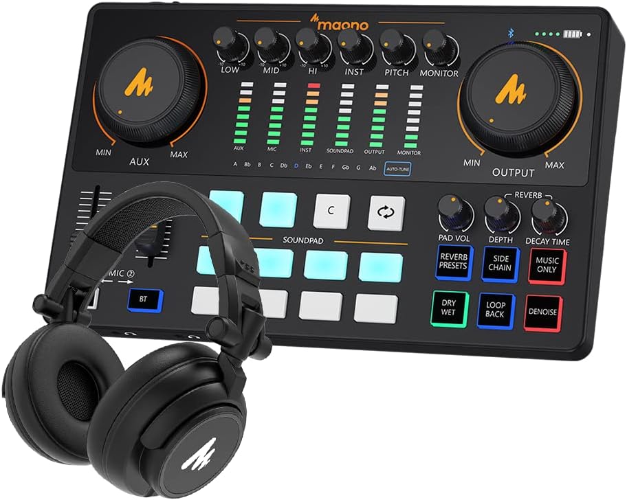 Audio Interface with Studio Headphone-Podcast Equipment-MAONO-MaonoCaster-All in One - with premium mic preamp for Podcast Recording, Streaming, Youtube, PC, Smartphone