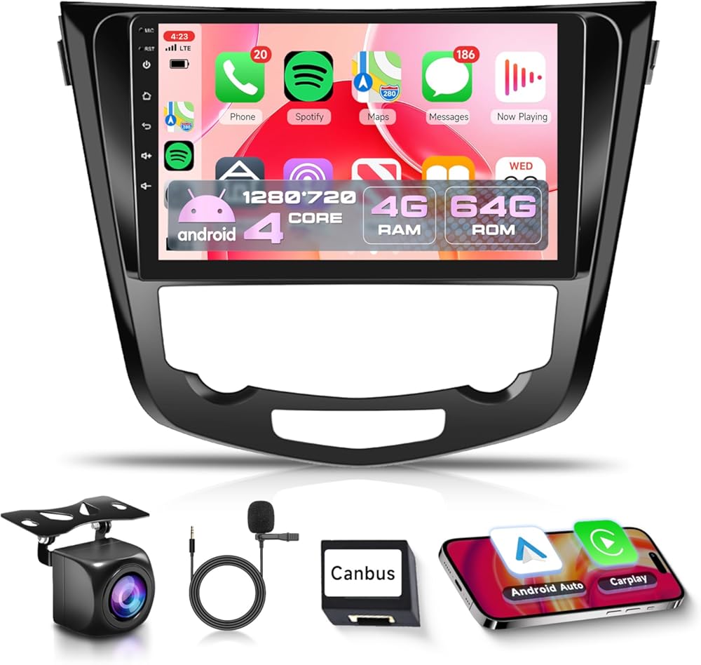 4Core 4G+64G Car Radio Carplay for Nissan Rogue 2014-2018 X-Trail Qashqai, Rimoody Car Stereo Android 10.1 Inch Touch Screen Android Auto GPS Navigation Bluetooth FM EQ WiFi Backup Camera