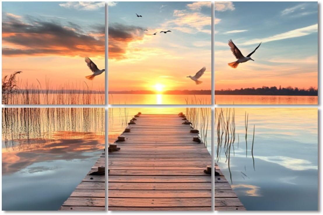 6 Pack Art Acoustic Panels Sound Absorbing Jetty Sunset Lake Nature Landscape Wooden Calm Water Sunset Sky Birds Decorative Soundproof Wall Panels Self Adhesive for Recording Studios Office 72