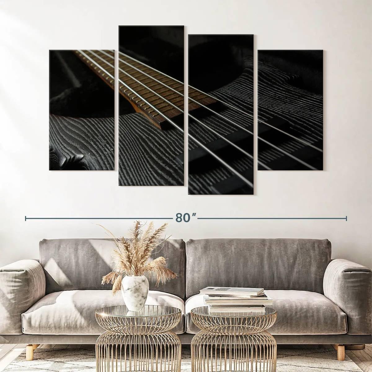 Elephant Stock - Bass Guitar Strings Wall Art - Horizontal Multi Panel Canvas - 4 Piece Living Room Wall Decor - Photography Music Multi Piece Wall Art - Black And Brown Decor - 68