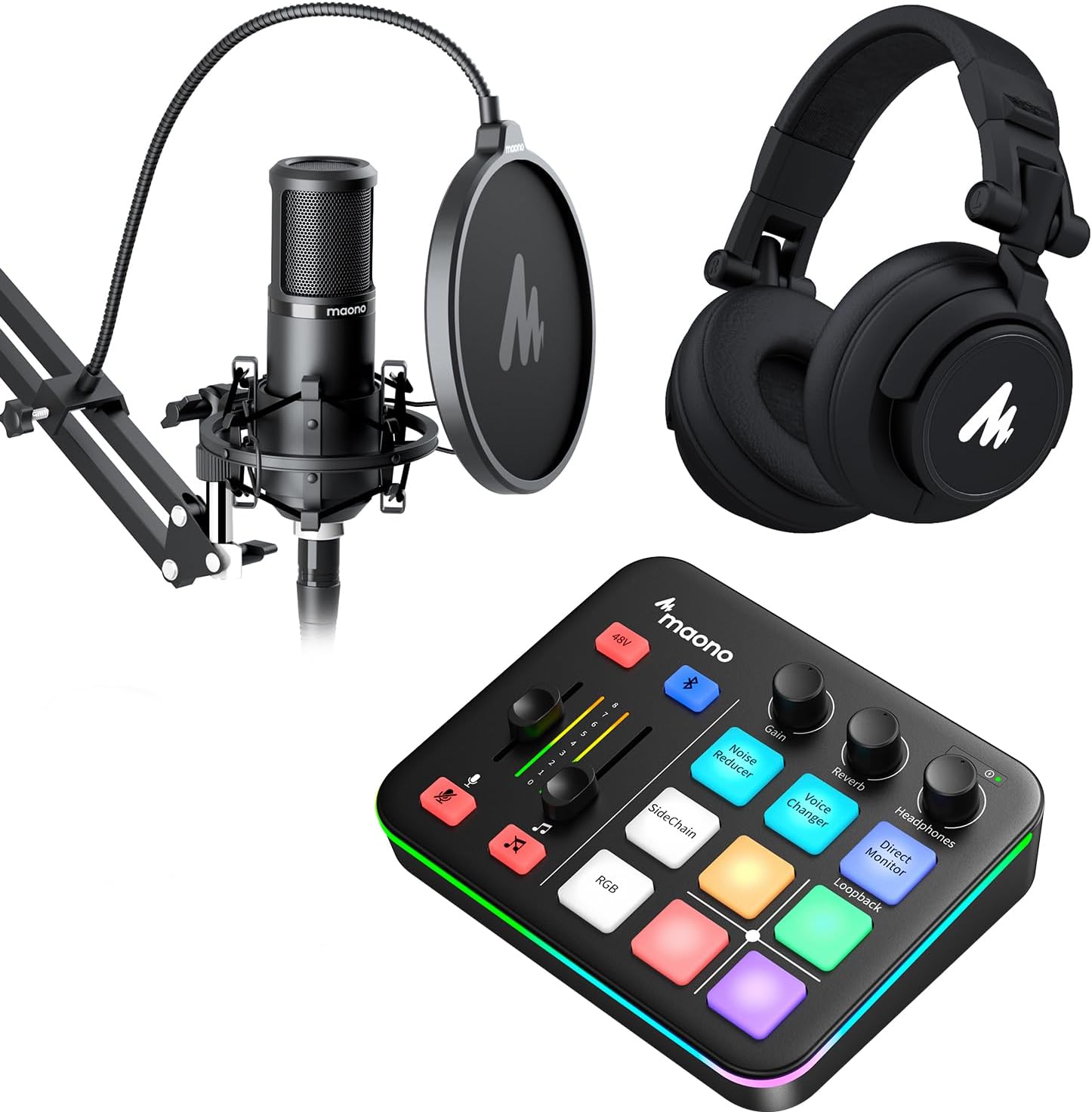 MAONO XLR Condenser Microphone and Gaming Mixer & Studio Headphone Kit, for Live Streaming, Podcasting, Content Create, Gaming