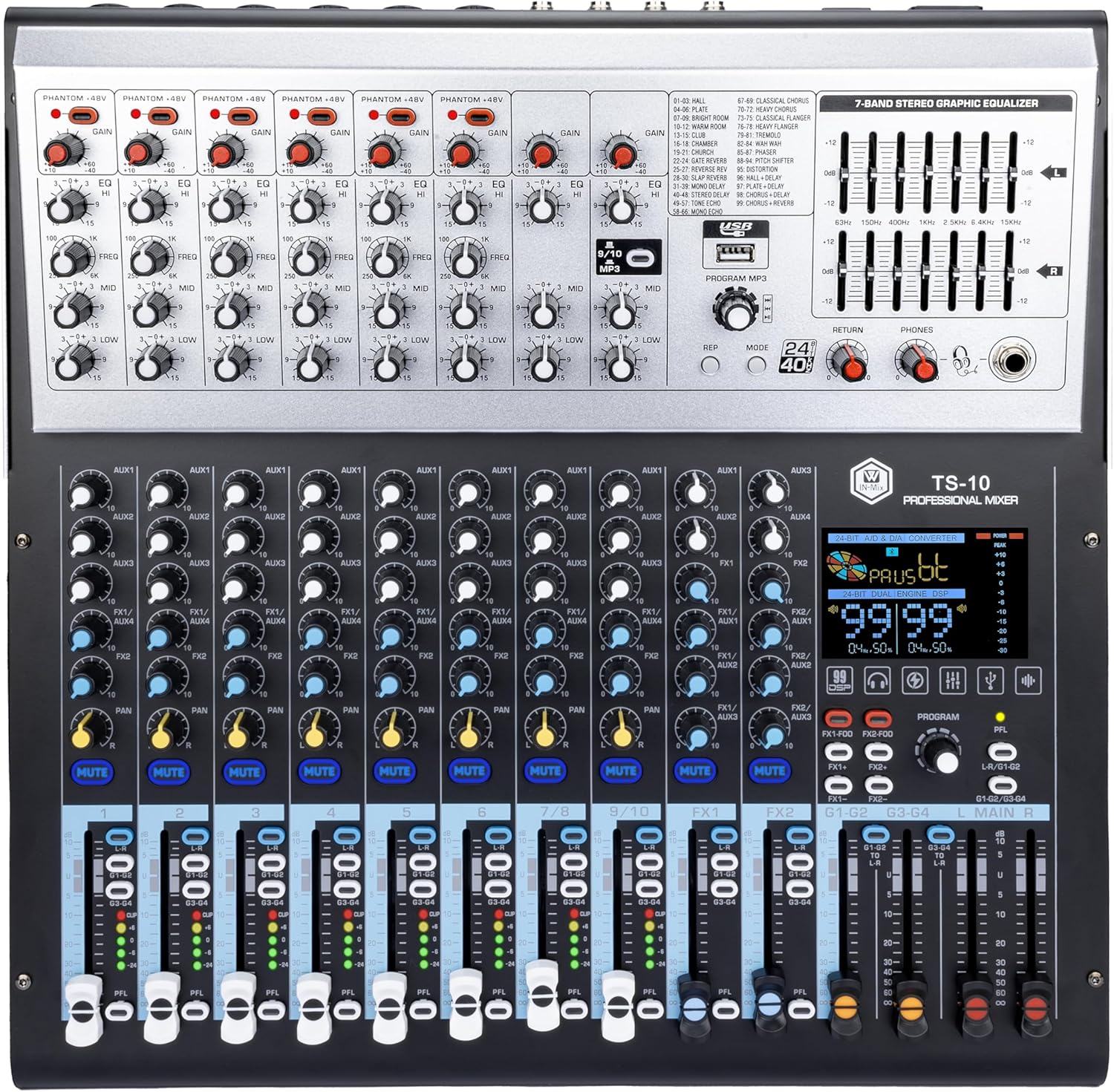 W IN-MIX 10 Channel Professional Multi-Functional Mixer,99DSP Digital Effects, MP3 Player, 48V Phantom Power with Independent Mute Switches Audio Console For Studio & Stage