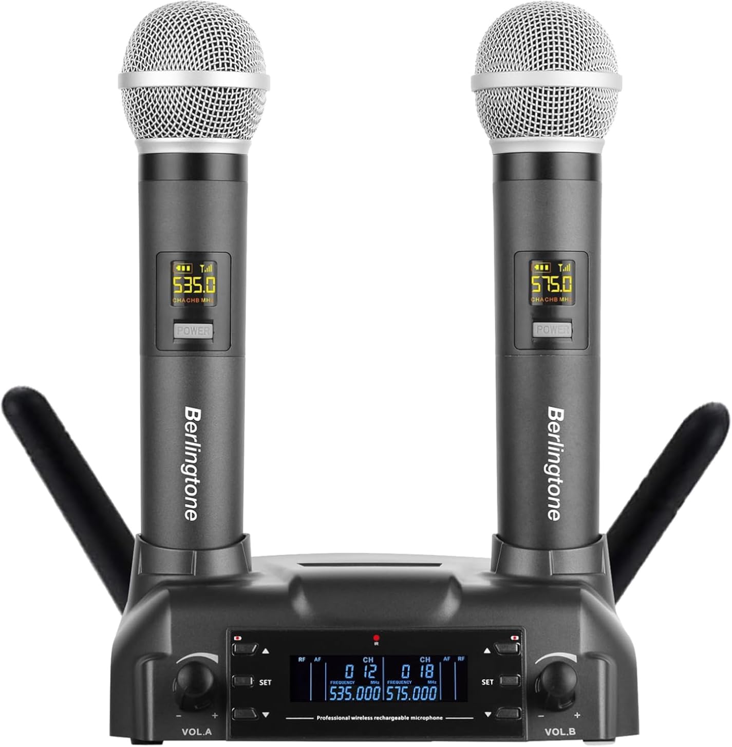 Berlingtone) Professional Dual Dynamic Handheld UHF Wireless Microphone System, Magnetic Wireless Charging, 200 Adjustable Frequency Channels for Karaoke, Meeting, Church, up 200ft Range, BR-60UM