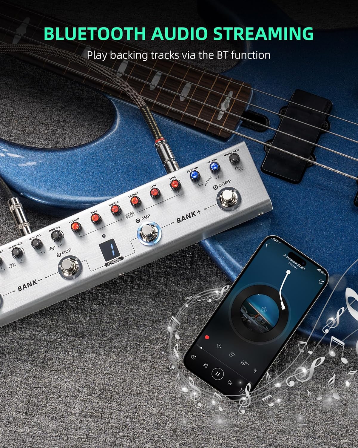 LEKATO Bass Multi Effects Pedal, Bass Effects Pedal with 36 Presets, Editable 4 Modules, Amp, Compressor, Mod, Space, Reverb, IR CAB, Tuner, BT Connection, Music Recording