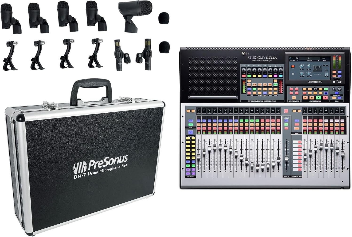 Audiosavings Bundle: (1) Presonus STUDIOLIVE 32SX Compact 32-Ch. 22-Bus Digital Mixer+Recording Interface Bundle With (1) PRESONUS DM-7 Seven-Piece Drum Microphone Kit 7 Drum Mics w/Case (Items 2)