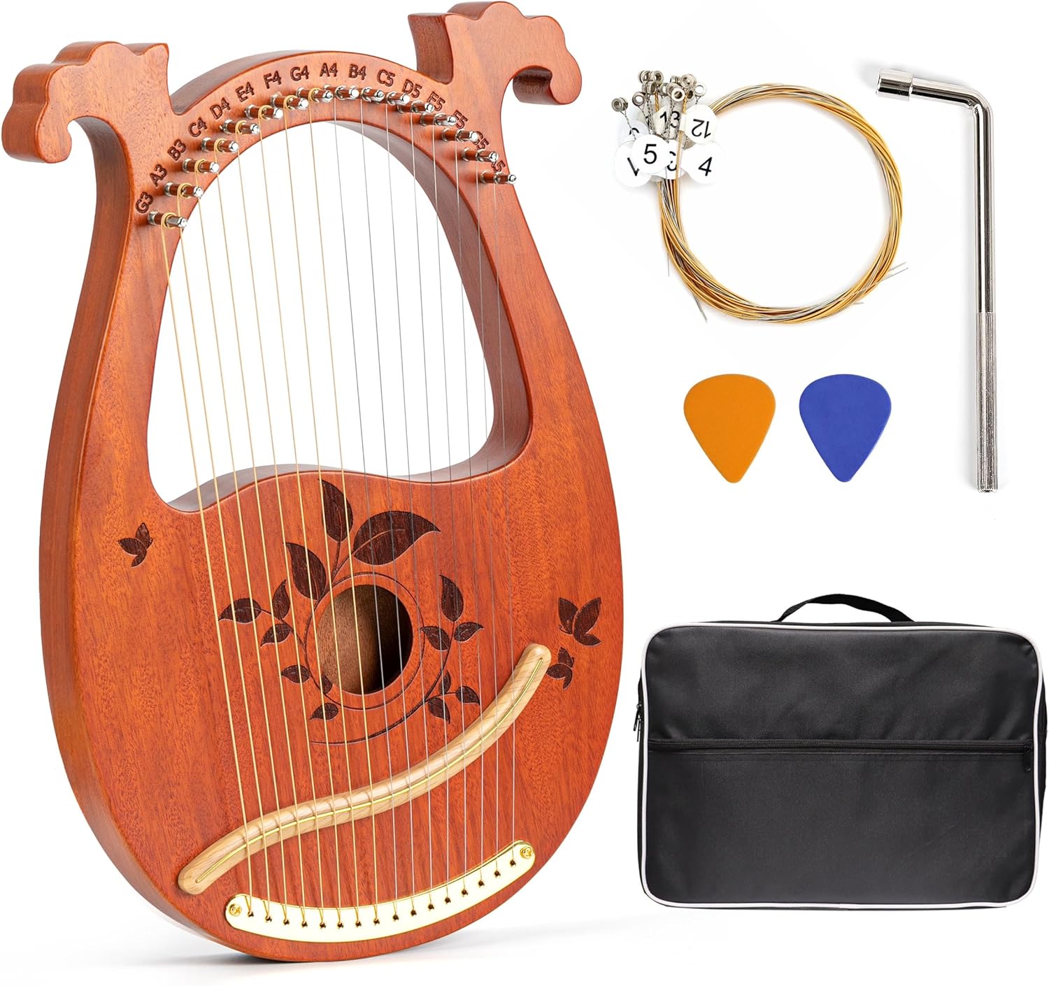 Lyre Harp Mahogany with Tuning Wrench and 16 Pcs Metal Spare String Set Manual Picks Black Gig Bag for Instrument Kids Adult Professional Beginner Music Lovers Gift