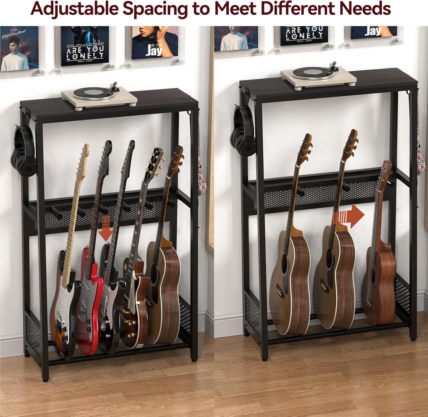 Multiple Guitar Stand with Shelf, Adjustable Heavy-Duty Guitar Rack Floor for Acoustic Guitar, Electric Guitar & Bass, Ultra-Stable for Home Music Studio