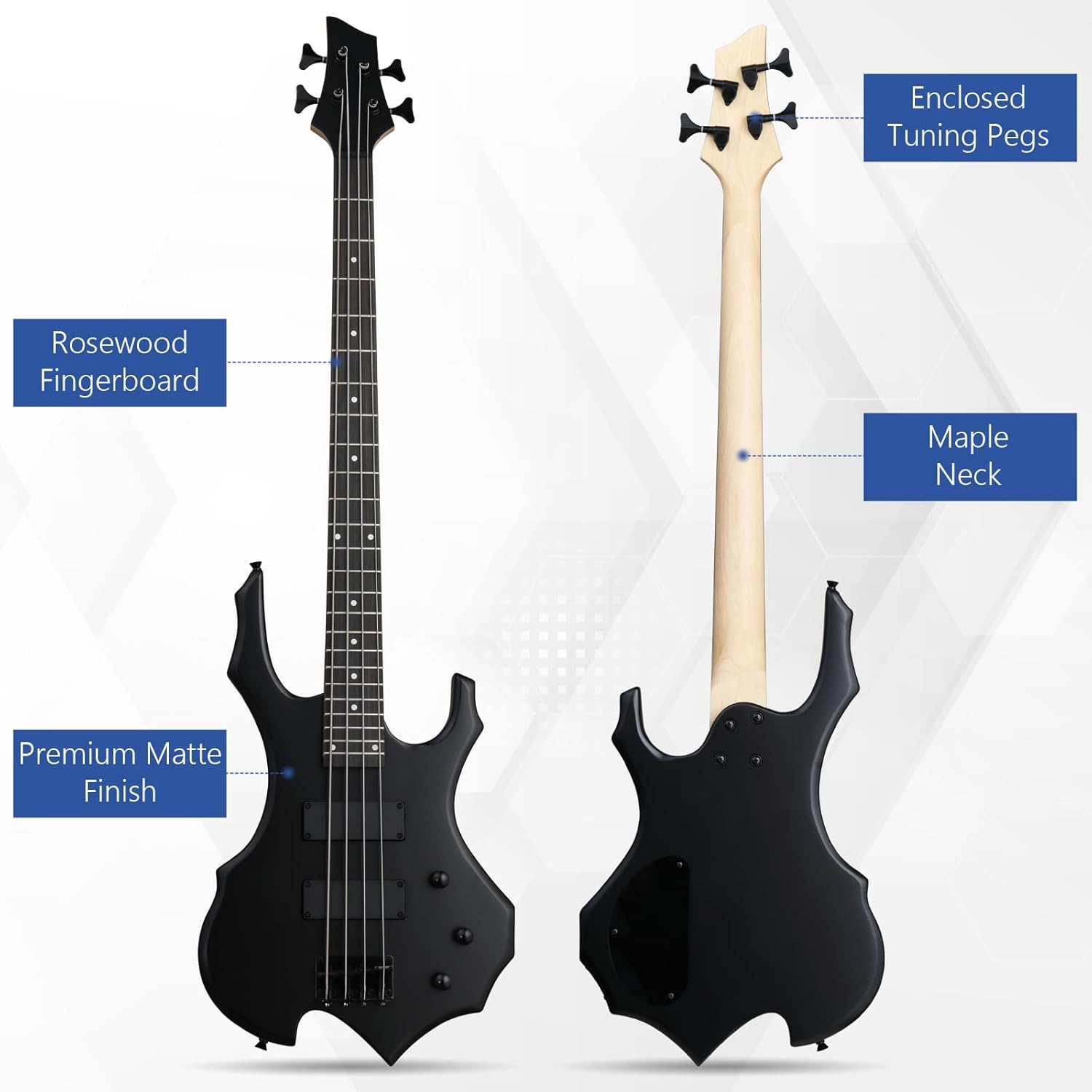 Ktaxon Electric Bass Guitar Burning Fire Style Bass Set with Portable Bass Bag, Premium Cable, Adjustable Guitar Strap, Wrench Tool, Plectrum(Matte Black)