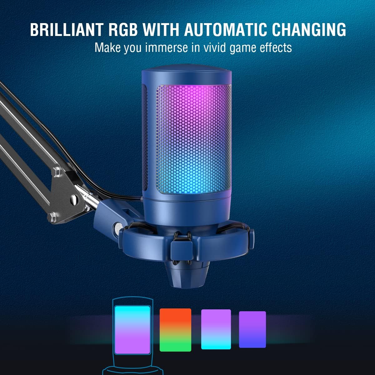 FIFINE Gaming PC Microphone USB Headset Bundle for Streaming Recording, RGB Condenser Computer Mic with Boom Arm Stand, Wired RGB Headset with EQ Mode, for Podcasts, Vocal, Video-Blue (A6TB+H6)