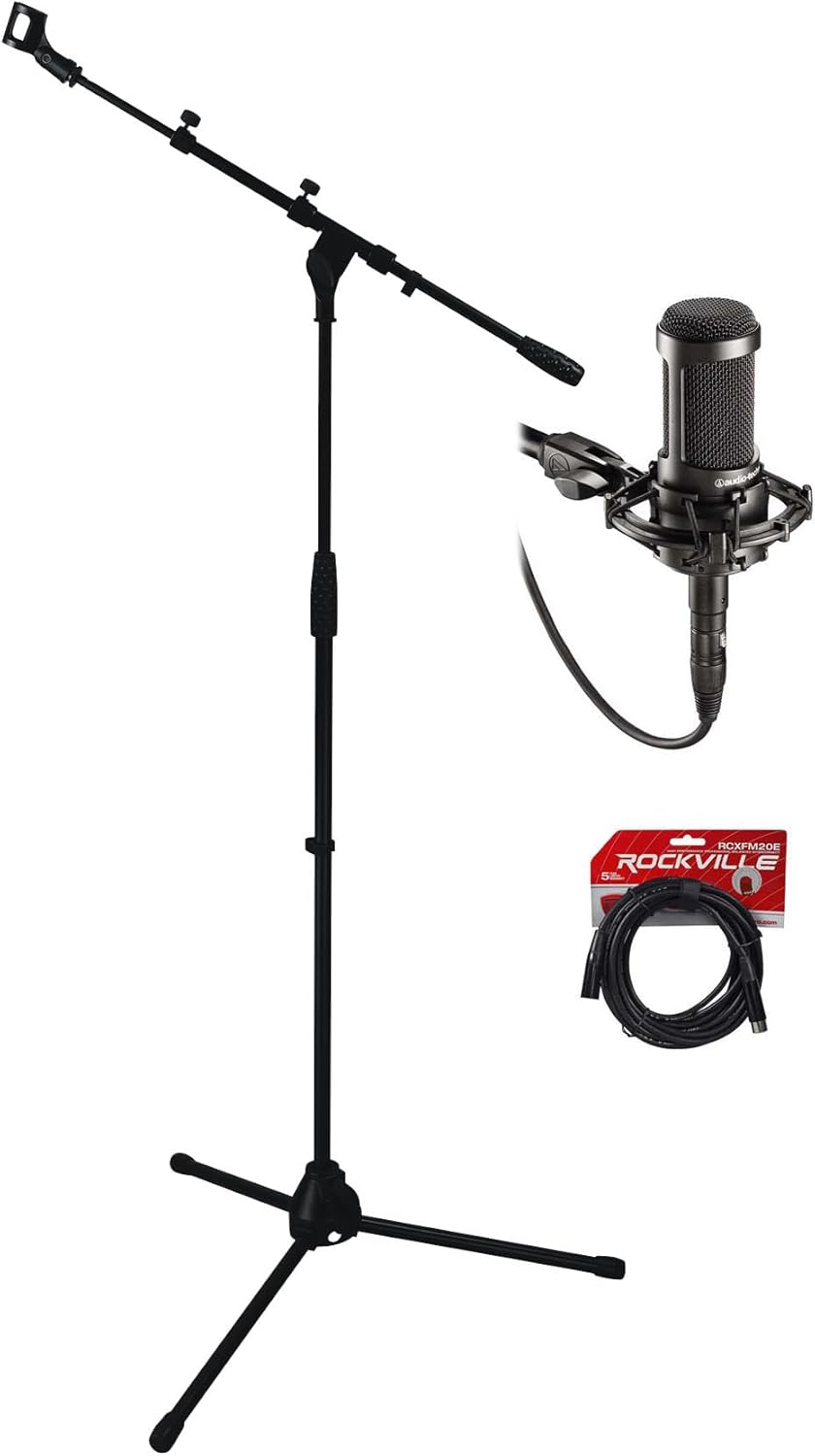 Audio-Technica AT2035 Side Address Cardioid Condenser Studio+Case Bundle with Rockville RCXFM20E-B 20 Foot Female to Male XLR Mic and RVMIC1 Stand with Boom & Tripod Base