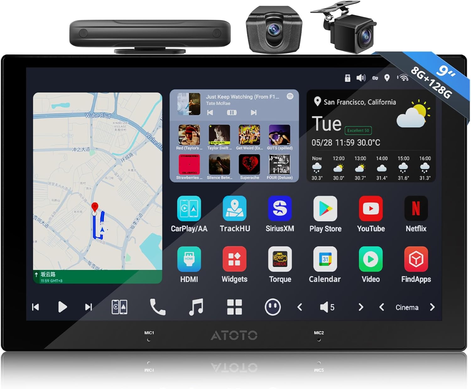 Double Din Car Stereo - 9 inch QLED 8GB+128GB Wireless CarPlay/Android Auto, DSP 7.1.2, SPDIF, RCA, HDMI-in, EQ, AMP, SUB, 4G, Wi-Fi, Bluetooth, USB, 3 Mics, AI, OTA, 1080P Dual Cam, X10G029E