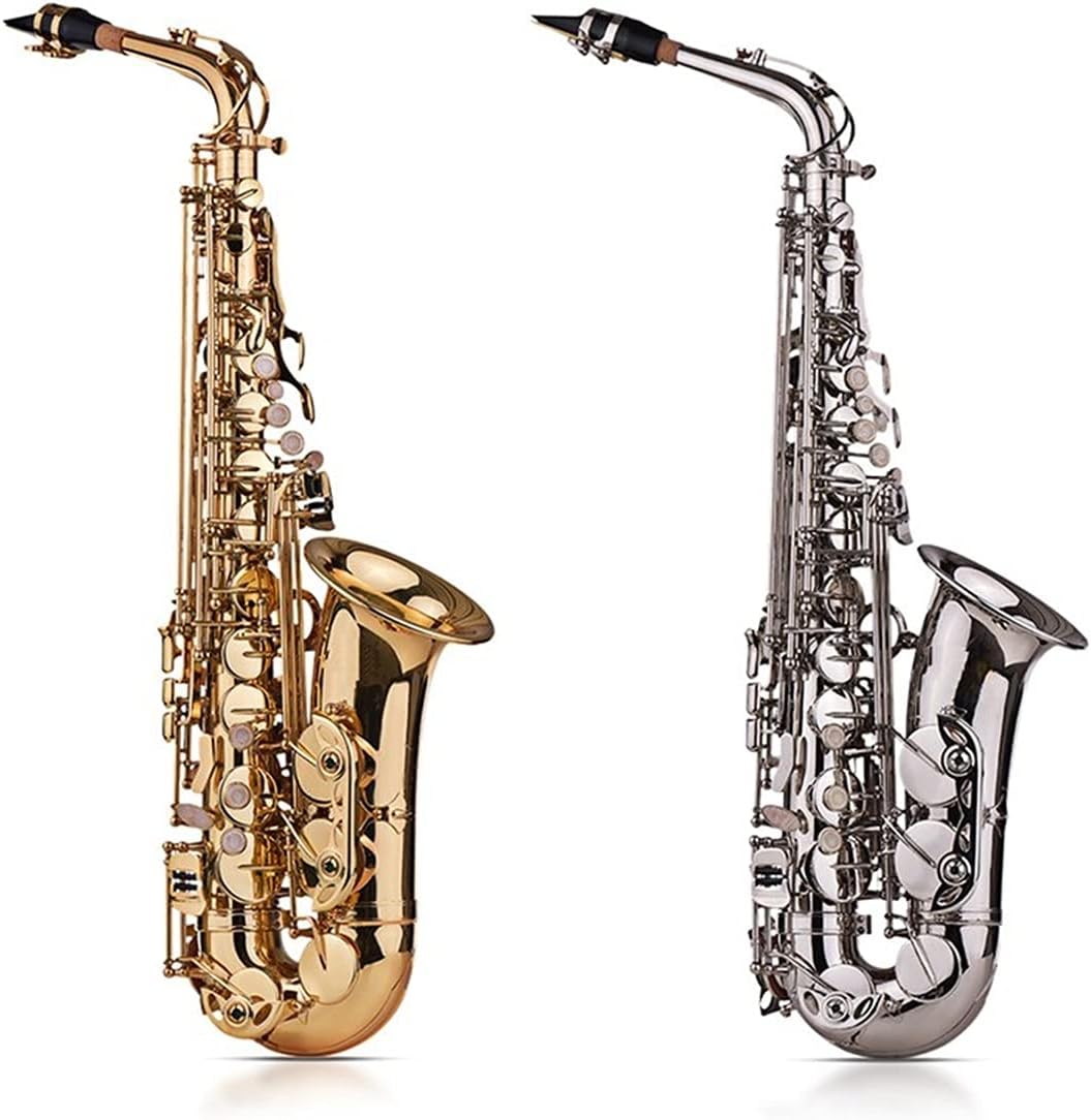 Sax Beginners Kit EB Alto Saxophone Sax Brass Lacquered Gold 802 Key Type Woodwind Instrument with Padded Carry Case Gloves Wind Instrument (Color : Silver)