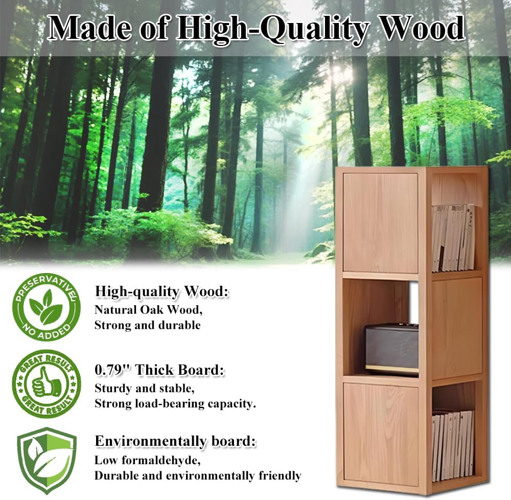 3 Cube Storage Organizer Bookshelf, 3-Tier Floor Standing Wooden Book Shelf, Open Shelf Corner Bookcase for Living Room Bedroom Office(Nature)