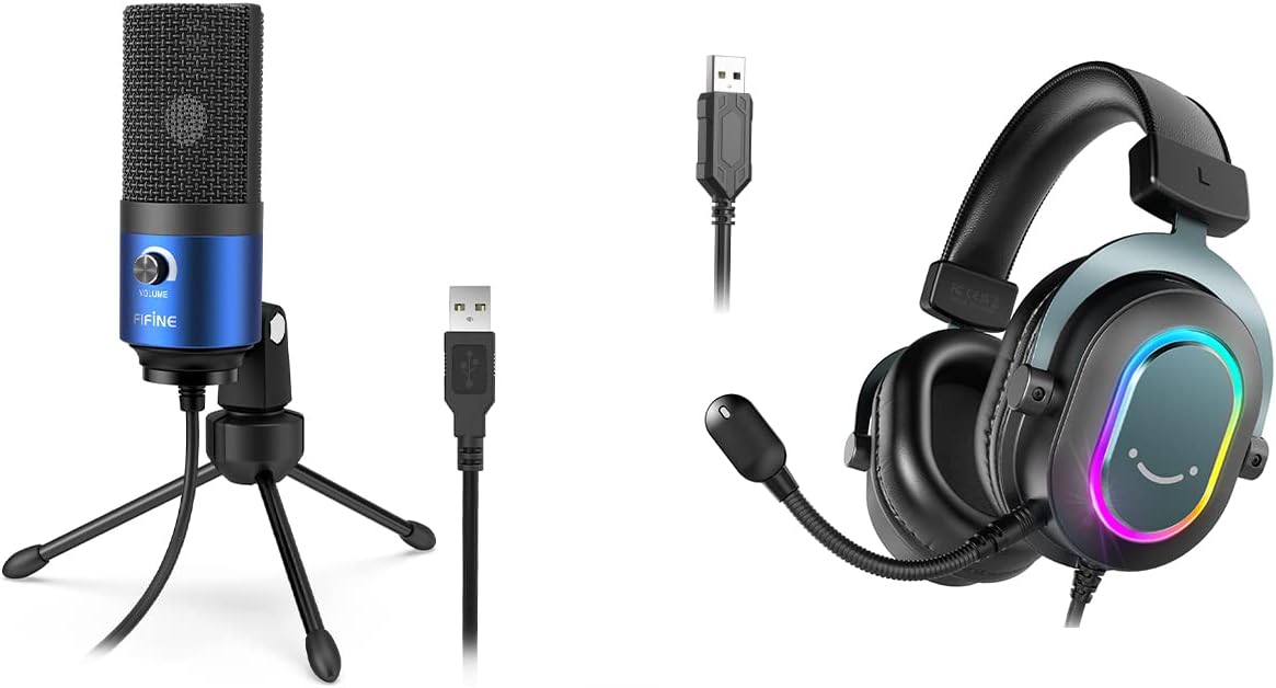 FIFINE External Microphone for Laptop and PS4 Headset, USB Computer Mic with Gain Control,Gaming Headset with 7.1 Surround Sound for Streaming Recording YouTube Video for Mac/PC/PS4/PS5 (K669L+H6)